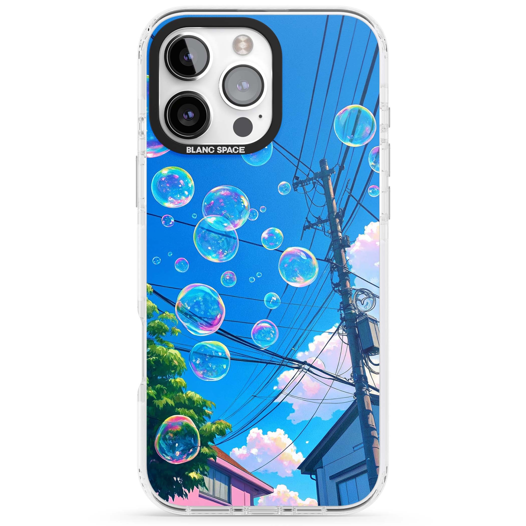 Suburban Bubbles anime iPhone case featuring iridescent soap bubbles, blue sky and Japanese telephone wires | Clear Impact case for iPhone 16 Pro, iPhone 16 Pro Max