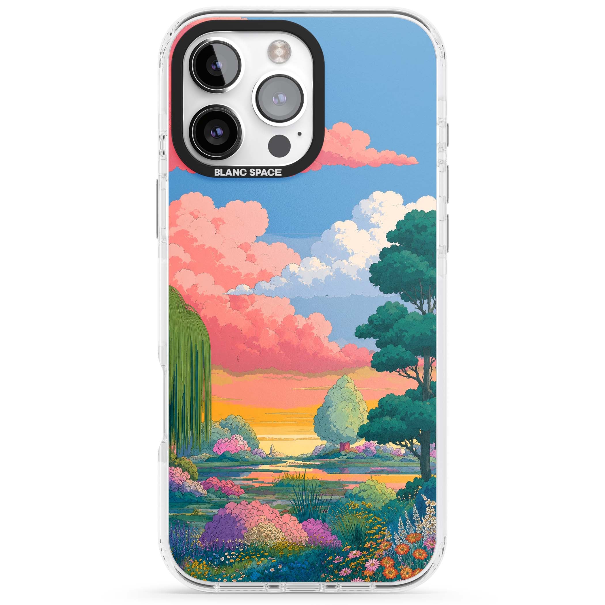 Dream Valley anime landscape iPhone case featuring pink sunset clouds, willow trees and wildflowers | Clear Impact case for iPhone 16 Pro, iPhone 16 Pro Max