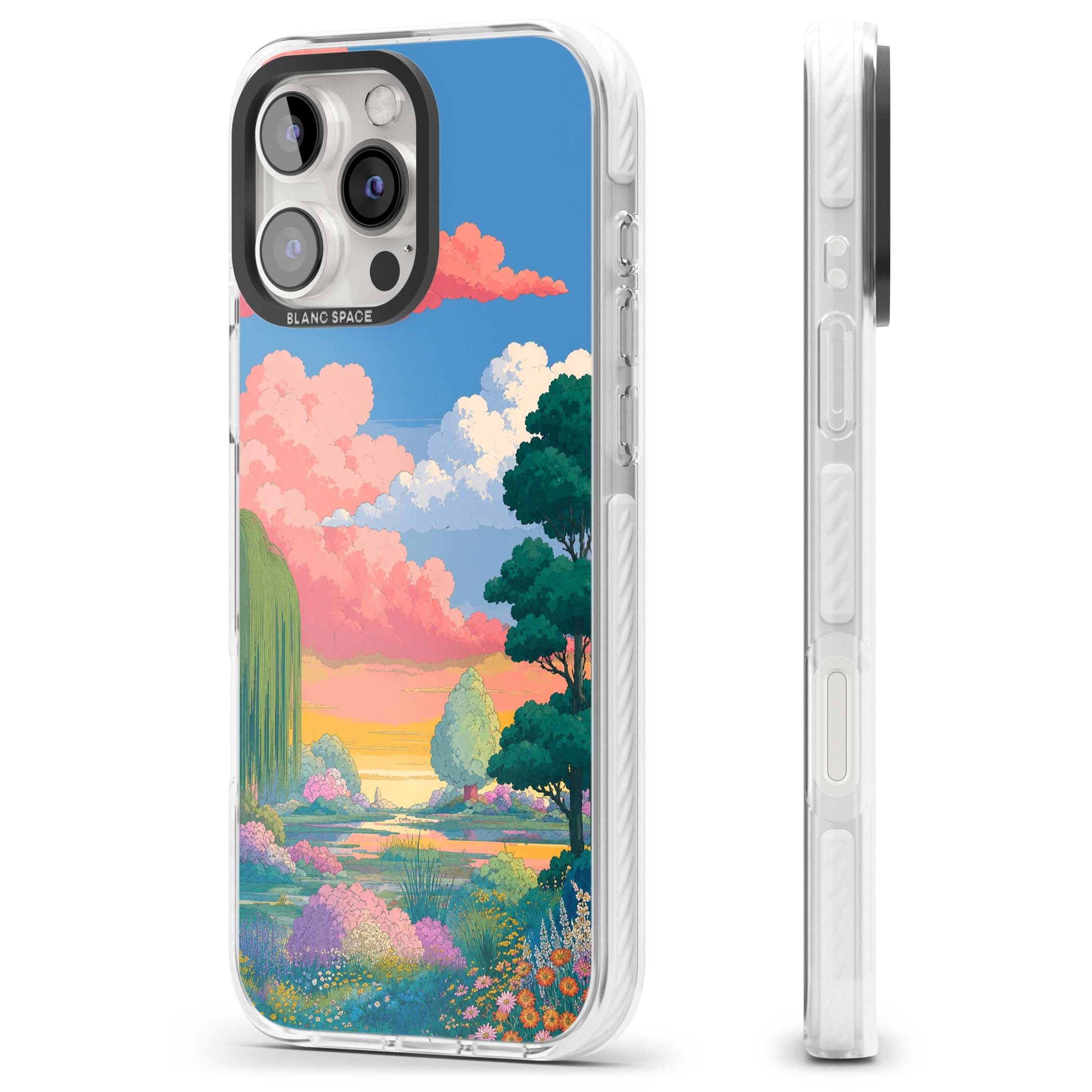 Dream Valley anime landscape iPhone case featuring pink sunset clouds, willow trees and wildflowers | Clear Impact case for iPhone 16 Pro, iPhone 16 Pro Max