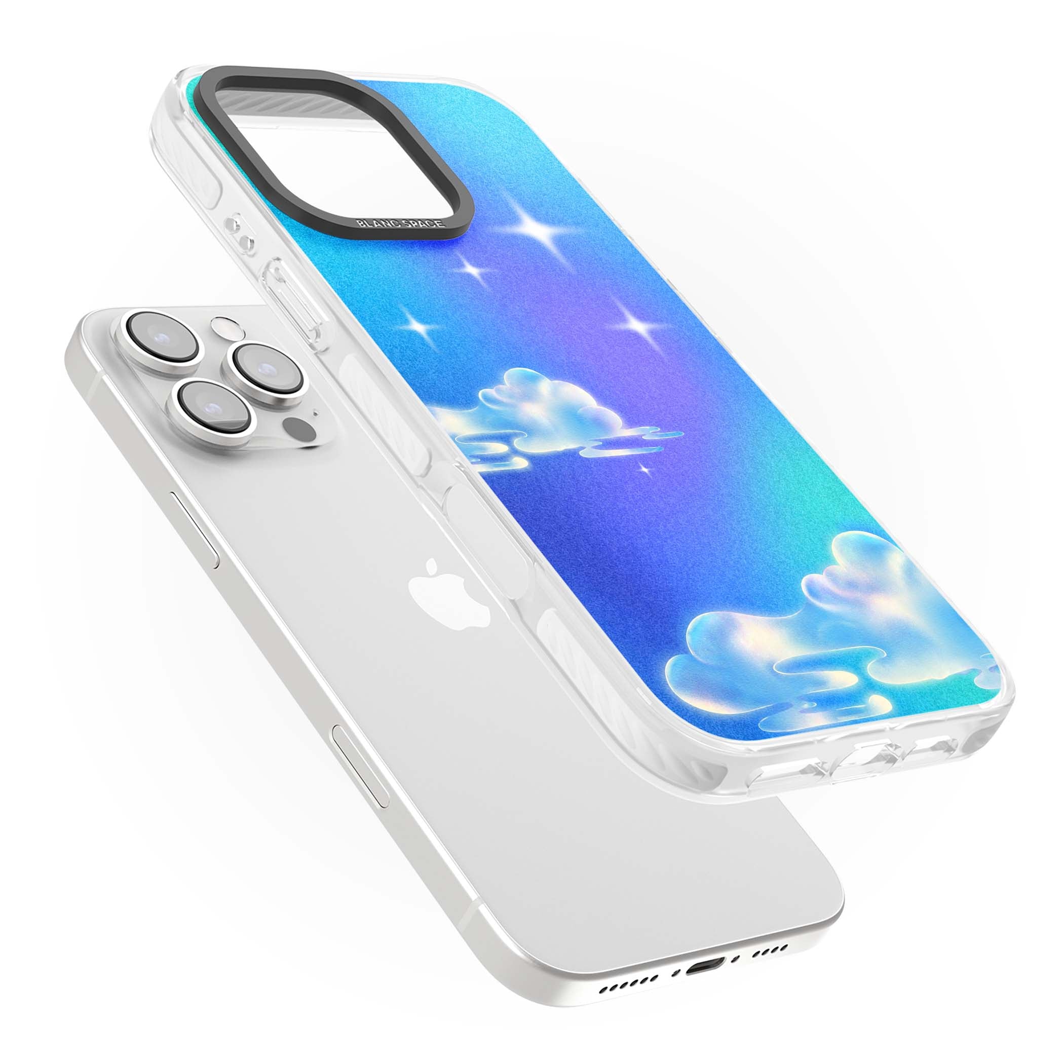 Aurora celestial iPhone case featuring dreamy iridescent clouds, sparkling stars and pastel blue purple sky | Clear Impact case for iPhone 16 Pro, iPhone 16 Pro Max