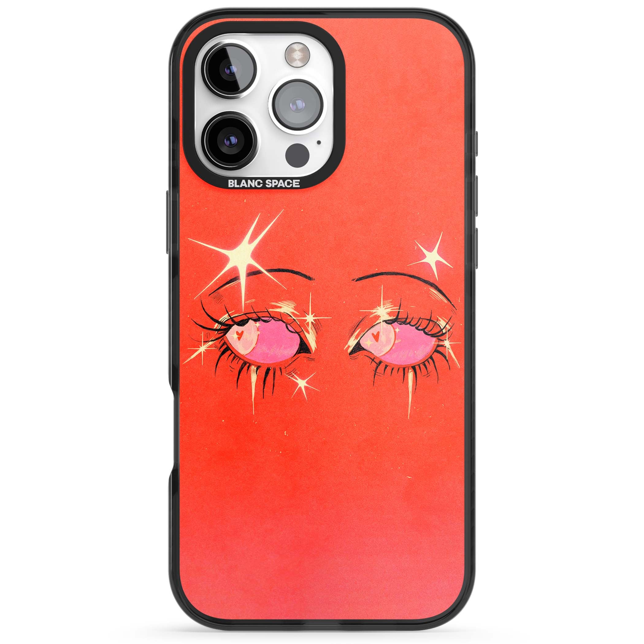 Pink Ethereal Eyes anime iPhone case featuring hand-drawn sparkly eyes with pink hearts and gold stars on red | Black Impact case for iPhone 16 Pro, iPhone 16 Pro Max