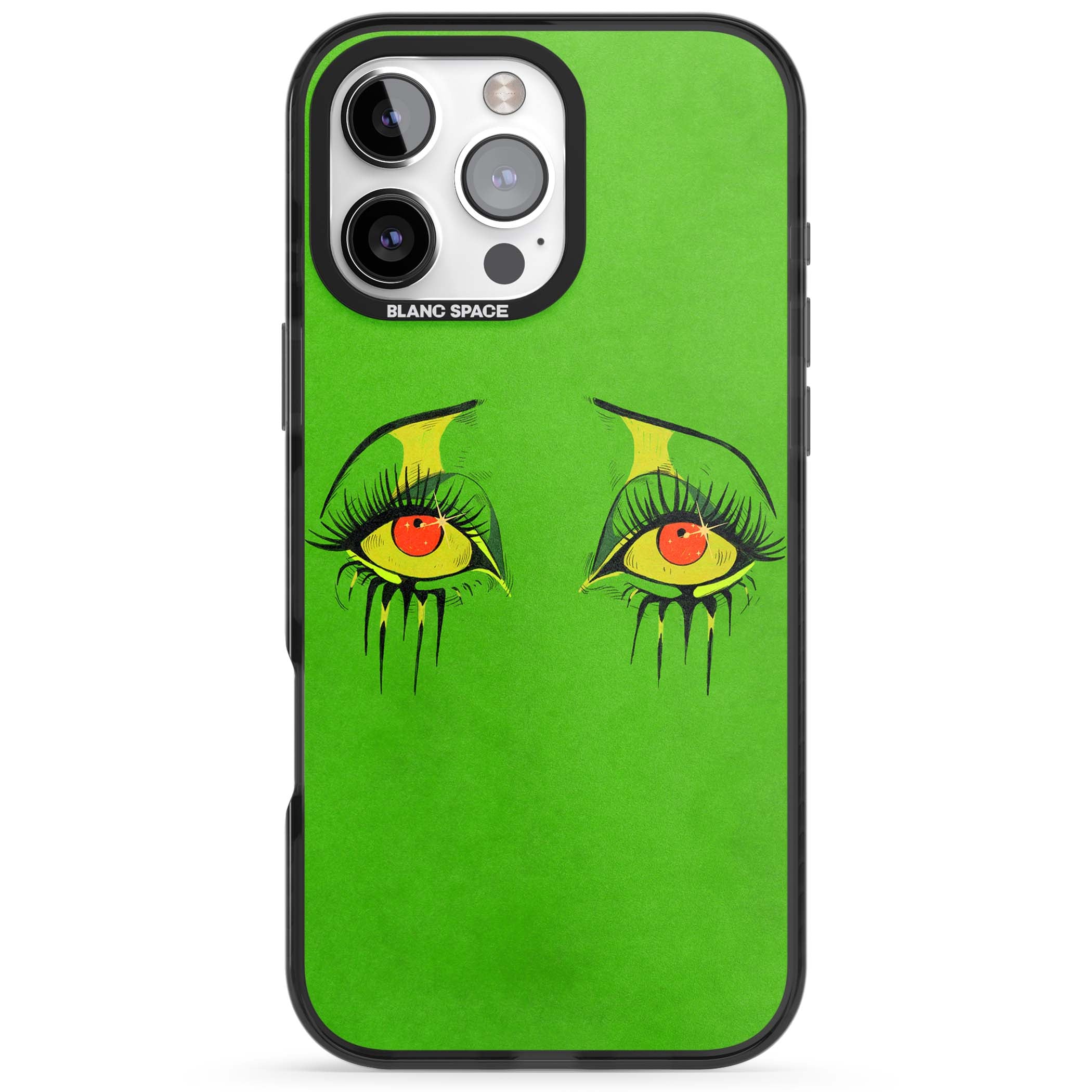Green Enchanted Eyes psychedelic art iPhone case featuring hand-drawn dripping eyes on neon green background | Black Impact case for iPhone 16 Pro, iPhone 16 Pro Max