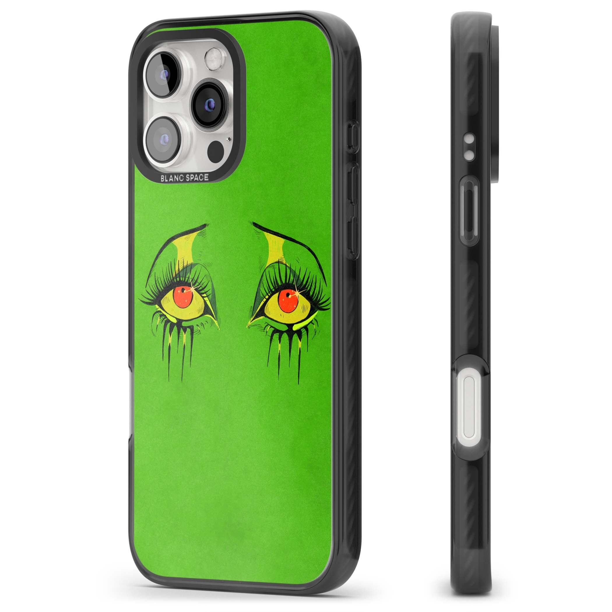 Green Enchanted Eyes psychedelic art iPhone case featuring hand-drawn dripping eyes on neon green background | Black Impact case for iPhone 16 Pro, iPhone 16 Pro Max