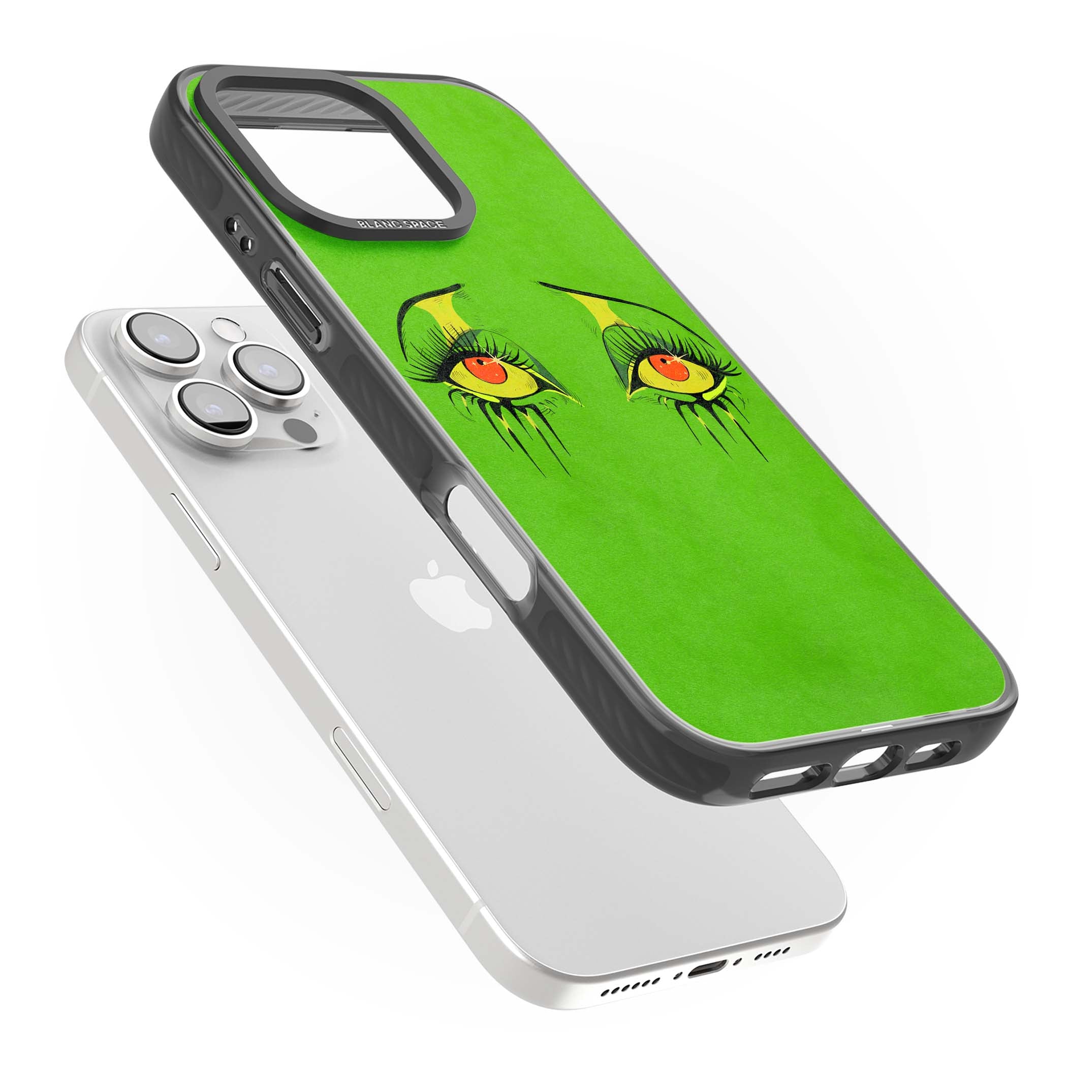 Green Enchanted Eyes psychedelic art iPhone case featuring hand-drawn dripping eyes on neon green background | Black Impact case for iPhone 16 Pro, iPhone 16 Pro Max