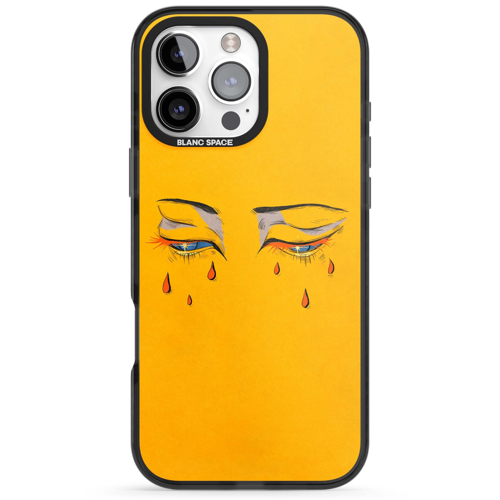 Yellow Tearful Eyes indie iPhone case featuring hand-drawn crying eyes with orange tears on a yellow background | Black Impact case for iPhone 16 Pro, iPhone 16 Pro Max