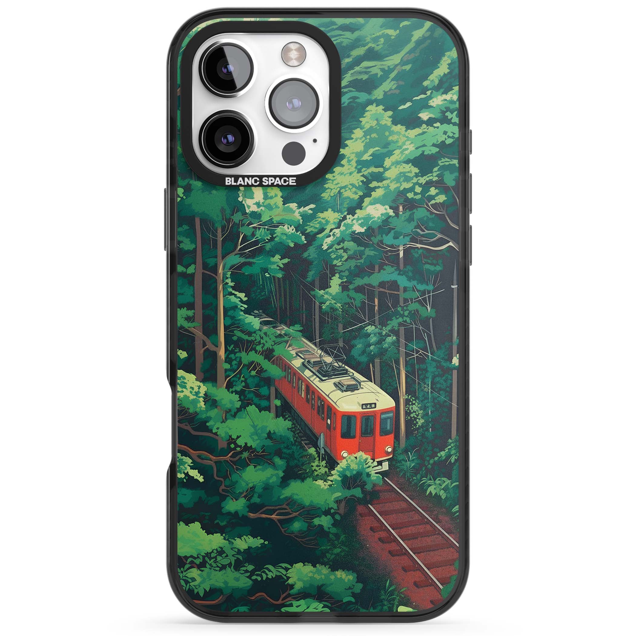 Railway In Toyama Japanese iPhone case featuring a red train, cedar forest and winding mountain railway tracks | Black Impact case for iPhone 16 Pro, iPhone 16 Pro Max