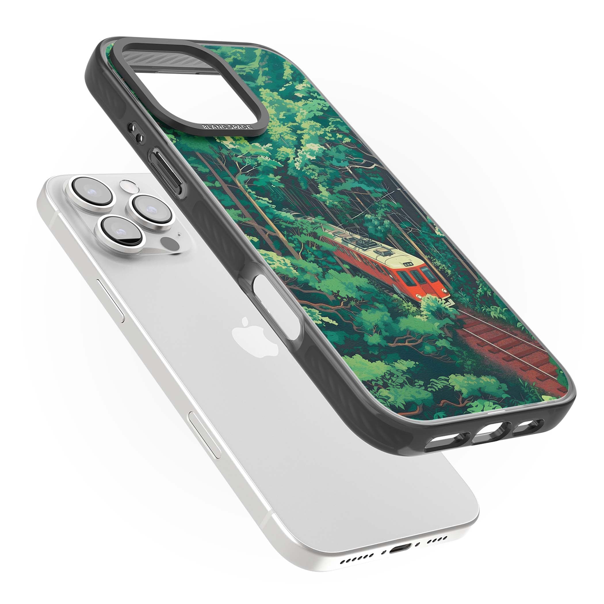 Railway In Toyama Japanese iPhone case featuring a red train, cedar forest and winding mountain railway tracks | Black Impact case for iPhone 16 Pro, iPhone 16 Pro Max