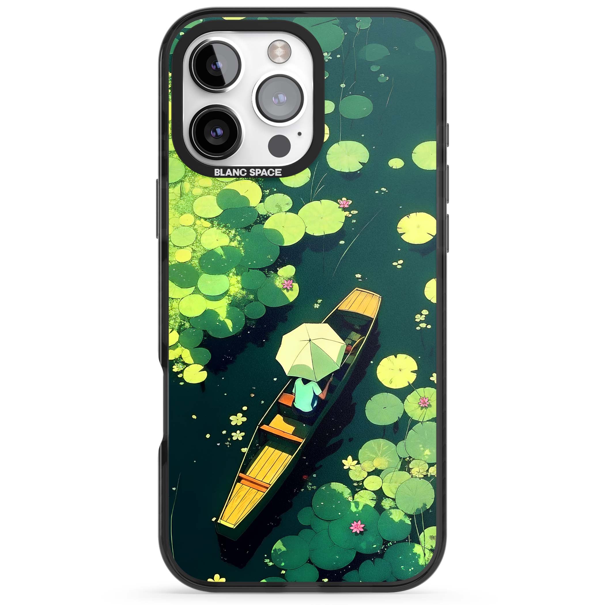 Jade Waters cottagecore iPhone case featuring a painted lily pond, wooden boat with parasol and floating water lilies | Black Impact case for iPhone 16 Pro, iPhone 16 Pro Max