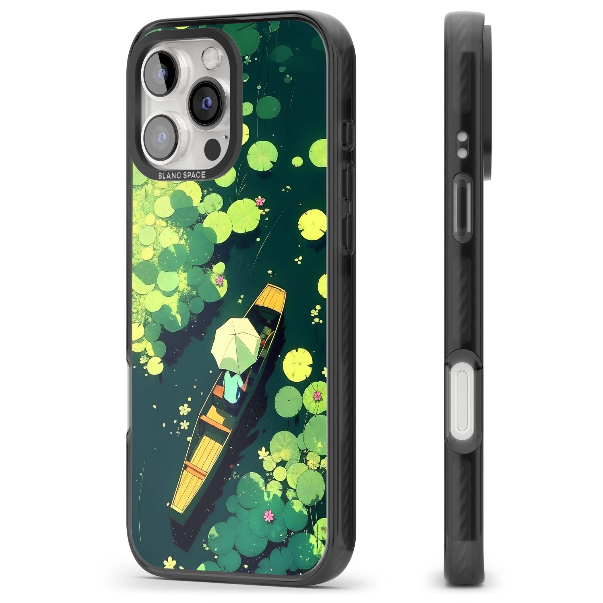 Jade Waters cottagecore iPhone case featuring a painted lily pond, wooden boat with parasol and floating water lilies | Black Impact case for iPhone 16 Pro, iPhone 16 Pro Max