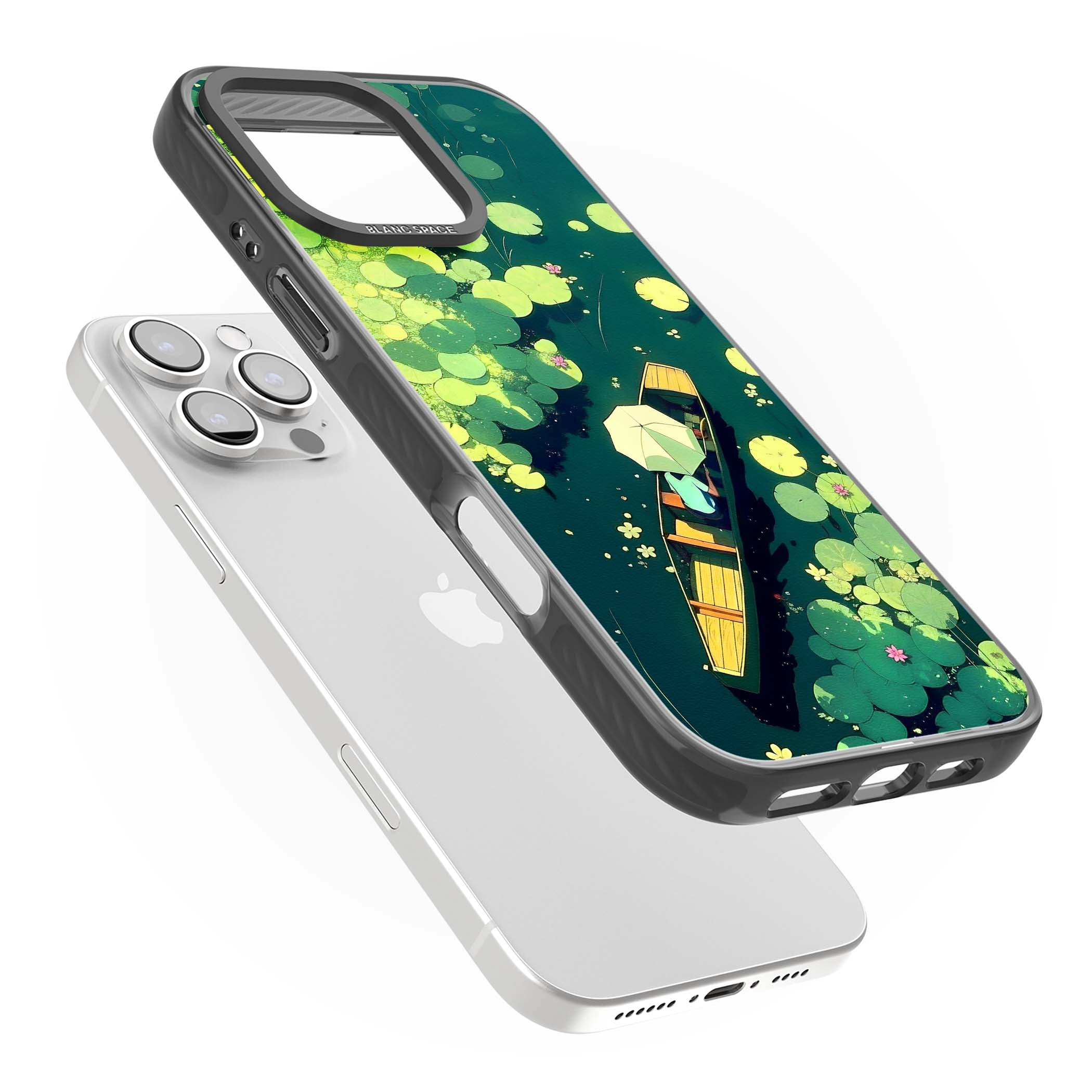Jade Waters cottagecore iPhone case featuring a painted lily pond, wooden boat with parasol and floating water lilies | Black Impact case for iPhone 16 Pro, iPhone 16 Pro Max