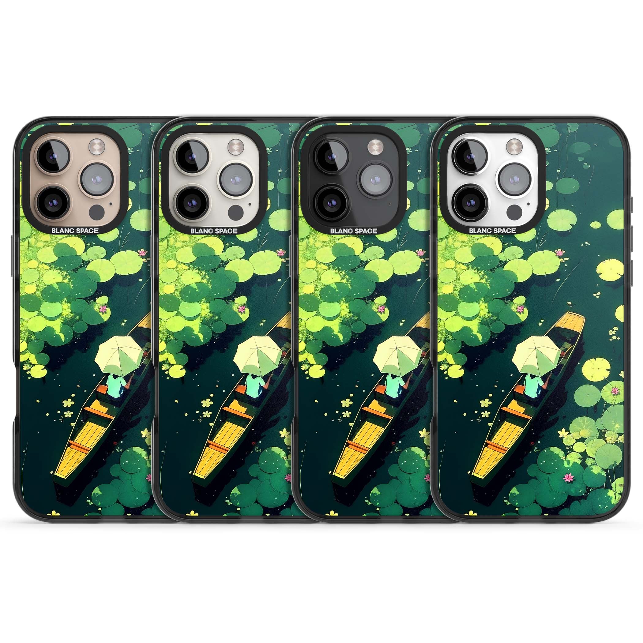 Jade Waters cottagecore iPhone case featuring a painted lily pond, wooden boat with parasol and floating water lilies | Black Impact case for iPhone 16 Pro, iPhone 16 Pro Max