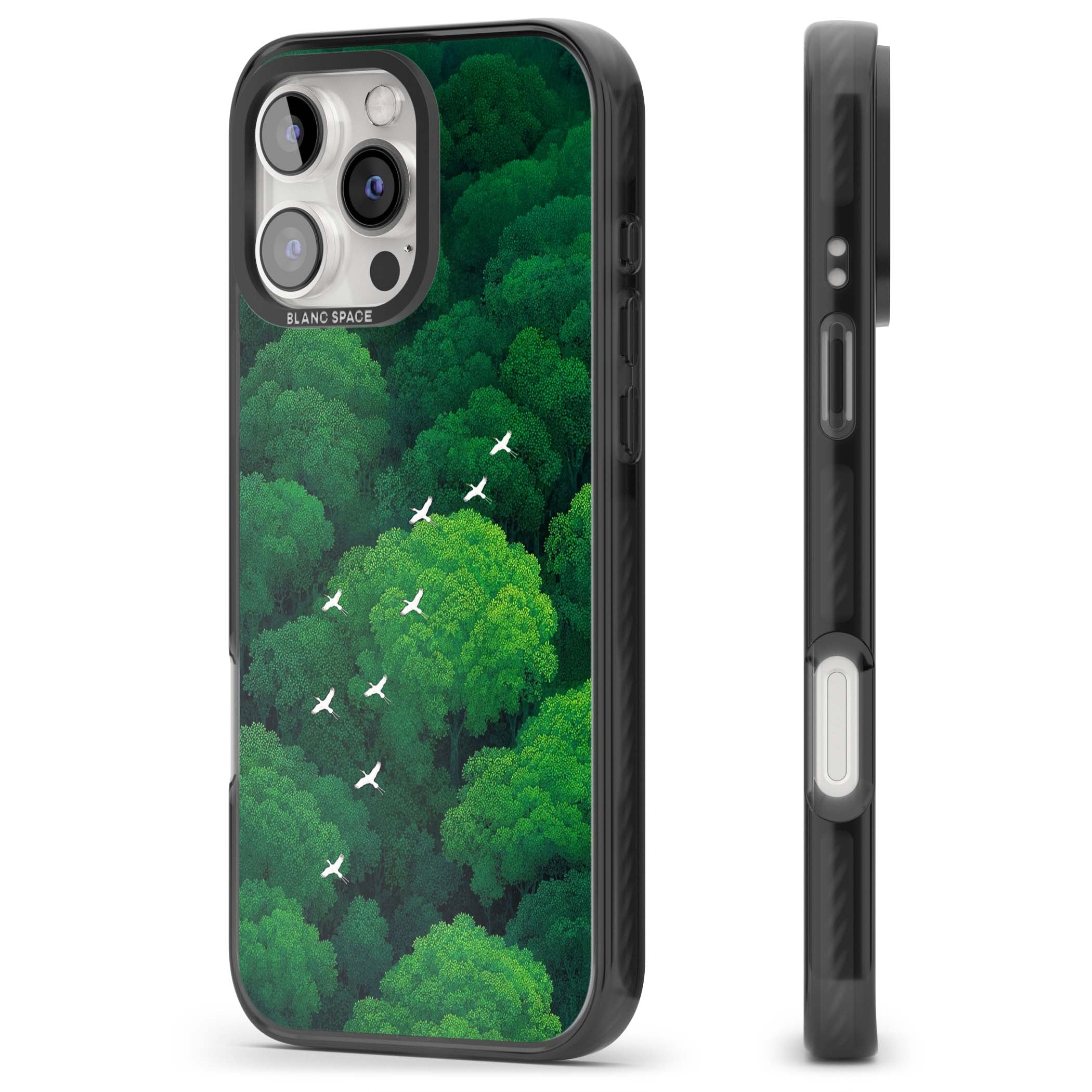 Grove Migration forest iPhone case featuring white cranes flying over lush green treetop canopy | Black Impact case for iPhone 16 Pro, iPhone 16 Pro Max