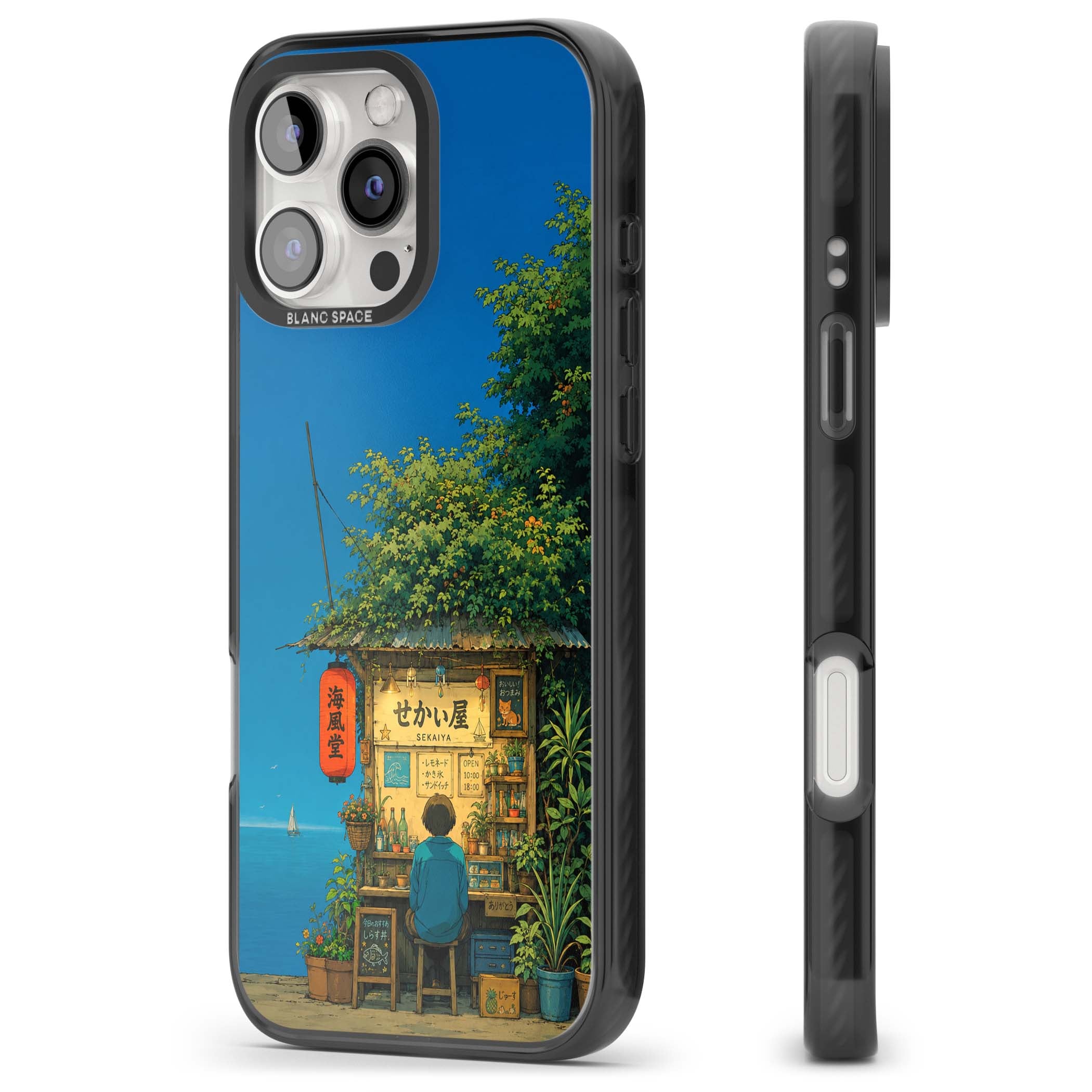 The Shirahama Kiosk anime iPhone case featuring a Japanese seaside shop, red paper lantern and ocean view | Black Impact case for iPhone 16 Pro, iPhone 16 Pro Max