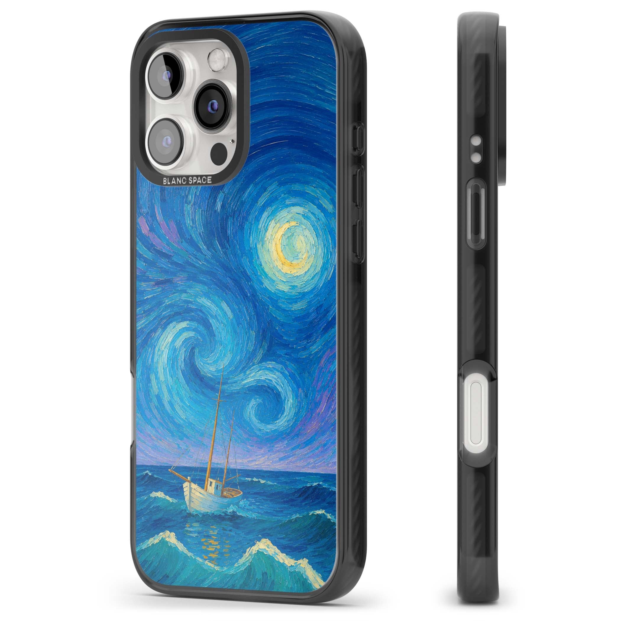 Moonlit Tide Van Gogh art iPhone case featuring swirling starry night sky, glowing moon and lone sailing boat at sea | Black Impact case for iPhone 16 Pro, iPhone 16 Pro Max