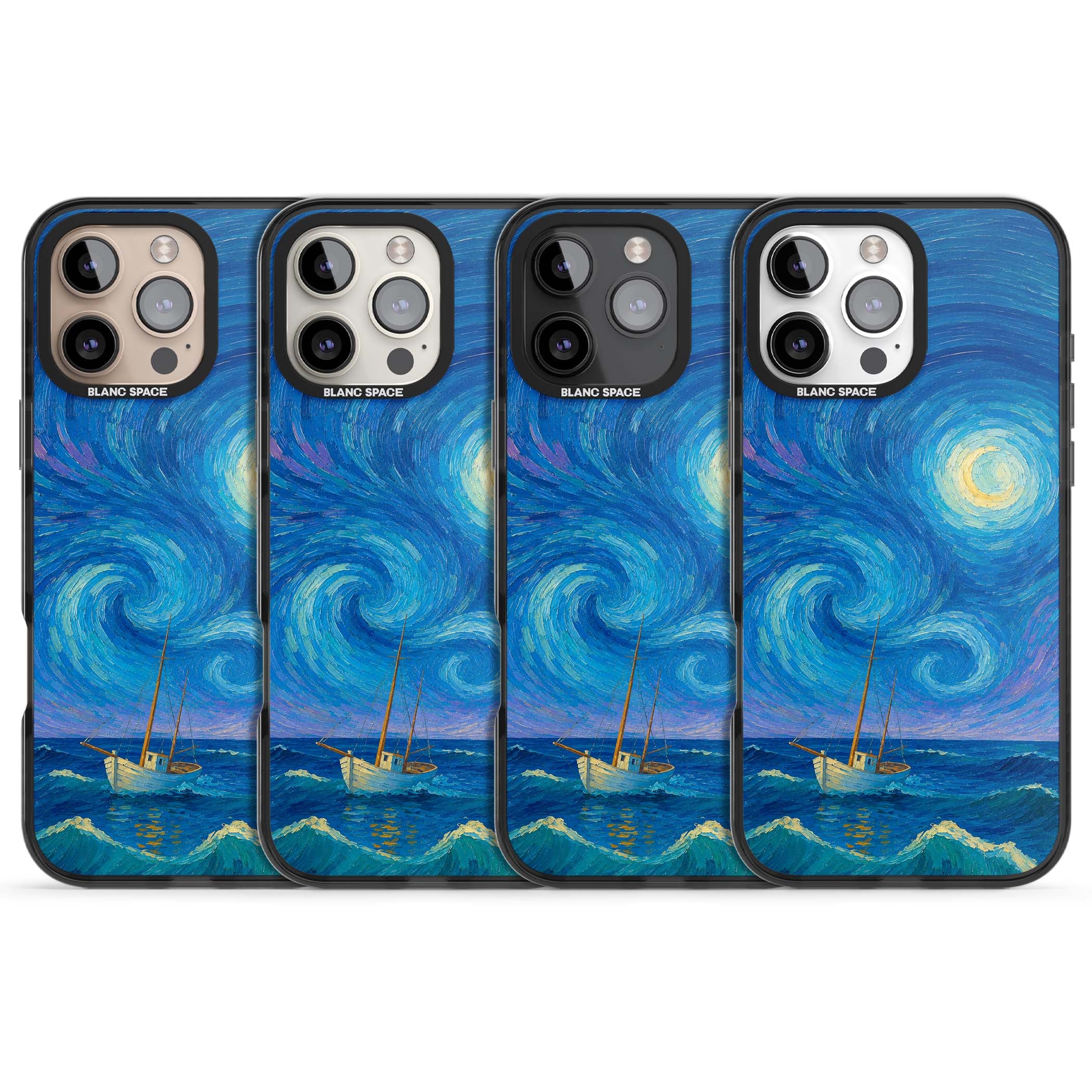 Moonlit Tide Van Gogh art iPhone case featuring swirling starry night sky, glowing moon and lone sailing boat at sea | Black Impact case for iPhone 16 Pro, iPhone 16 Pro Max