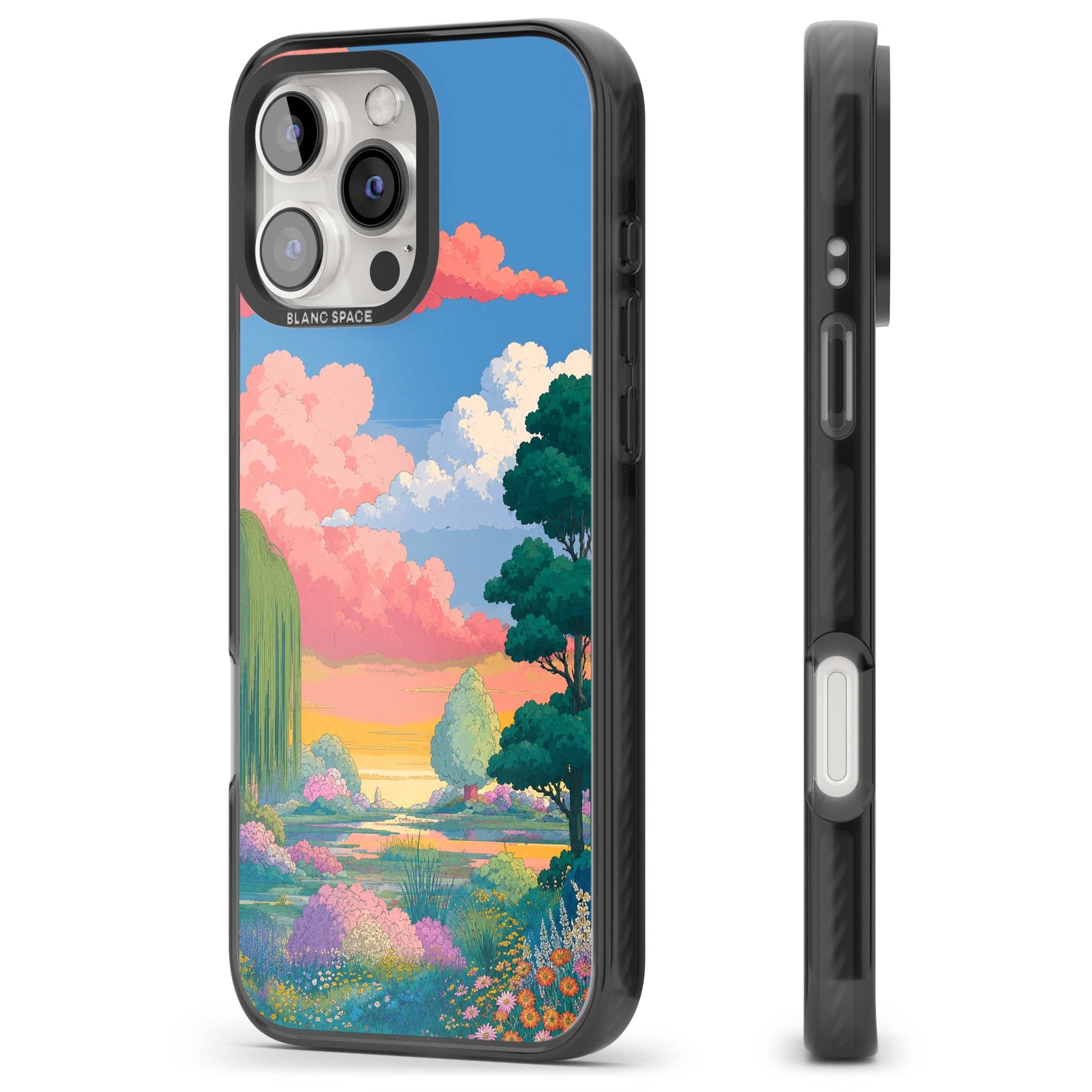 Dream Valley anime landscape iPhone case featuring pink sunset clouds, willow trees and wildflowers | Black Impact case for iPhone 16 Pro, iPhone 16 Pro Max