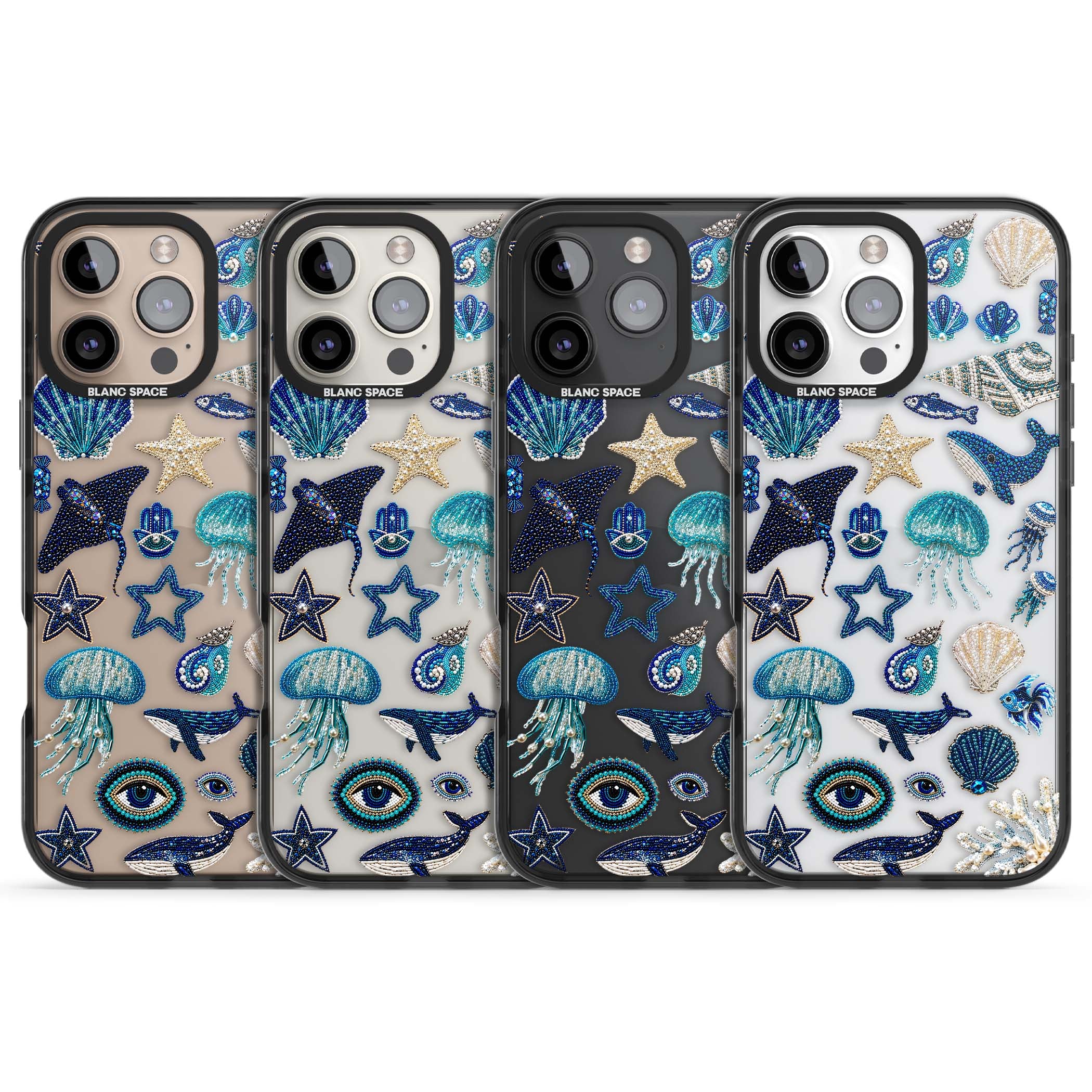Beaded Coastal coastal iPhone case featuring embroidered seashells, jellyfish and a blue whale on clear | Black Impact case for iPhone 16 Pro, iPhone 16 Pro Max