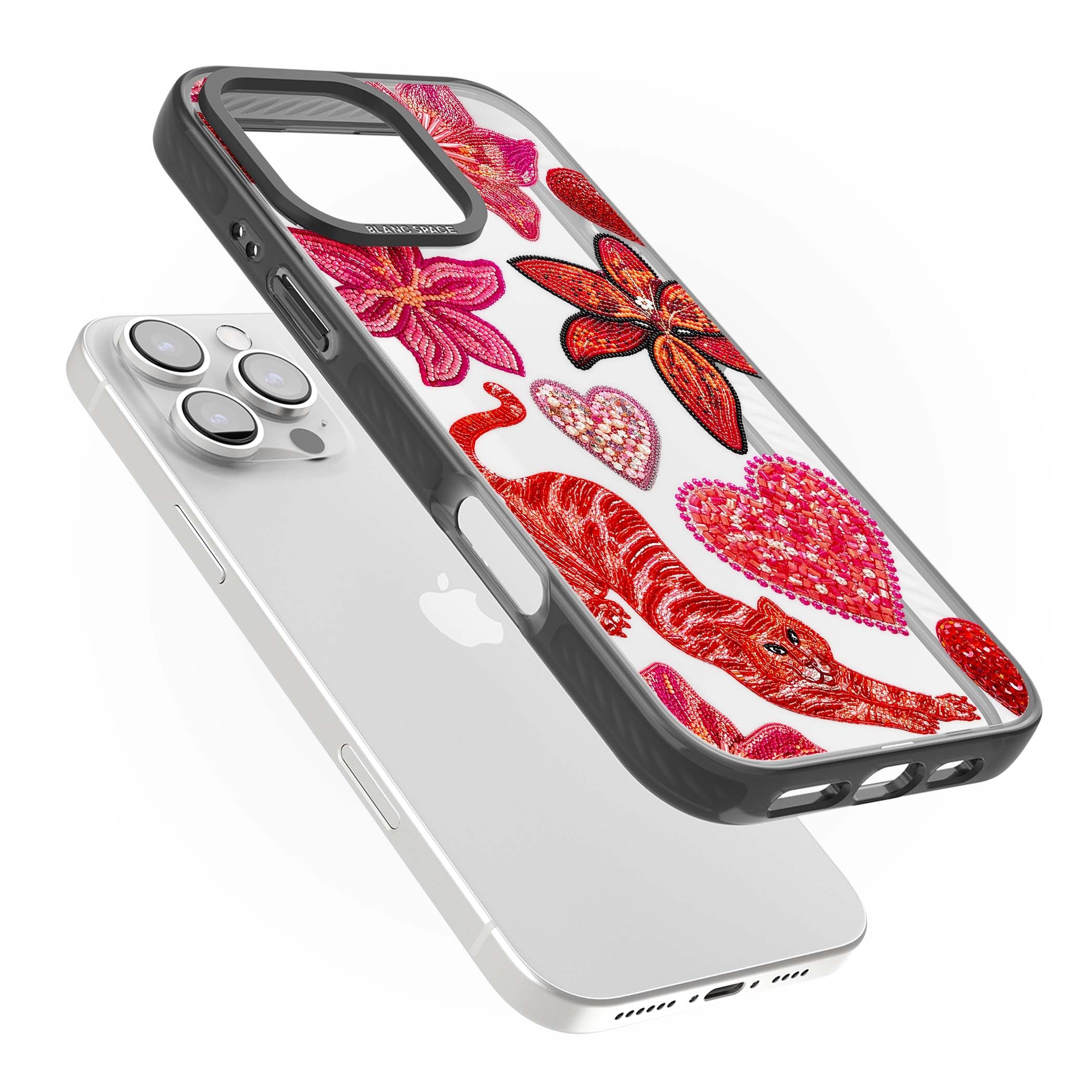 Beaded Boho floral iPhone case featuring beaded red lilies, a stitched tiger, and pearl-encrusted hearts on clear | Black Impact case for iPhone 16 Pro, iPhone 16 Pro Max