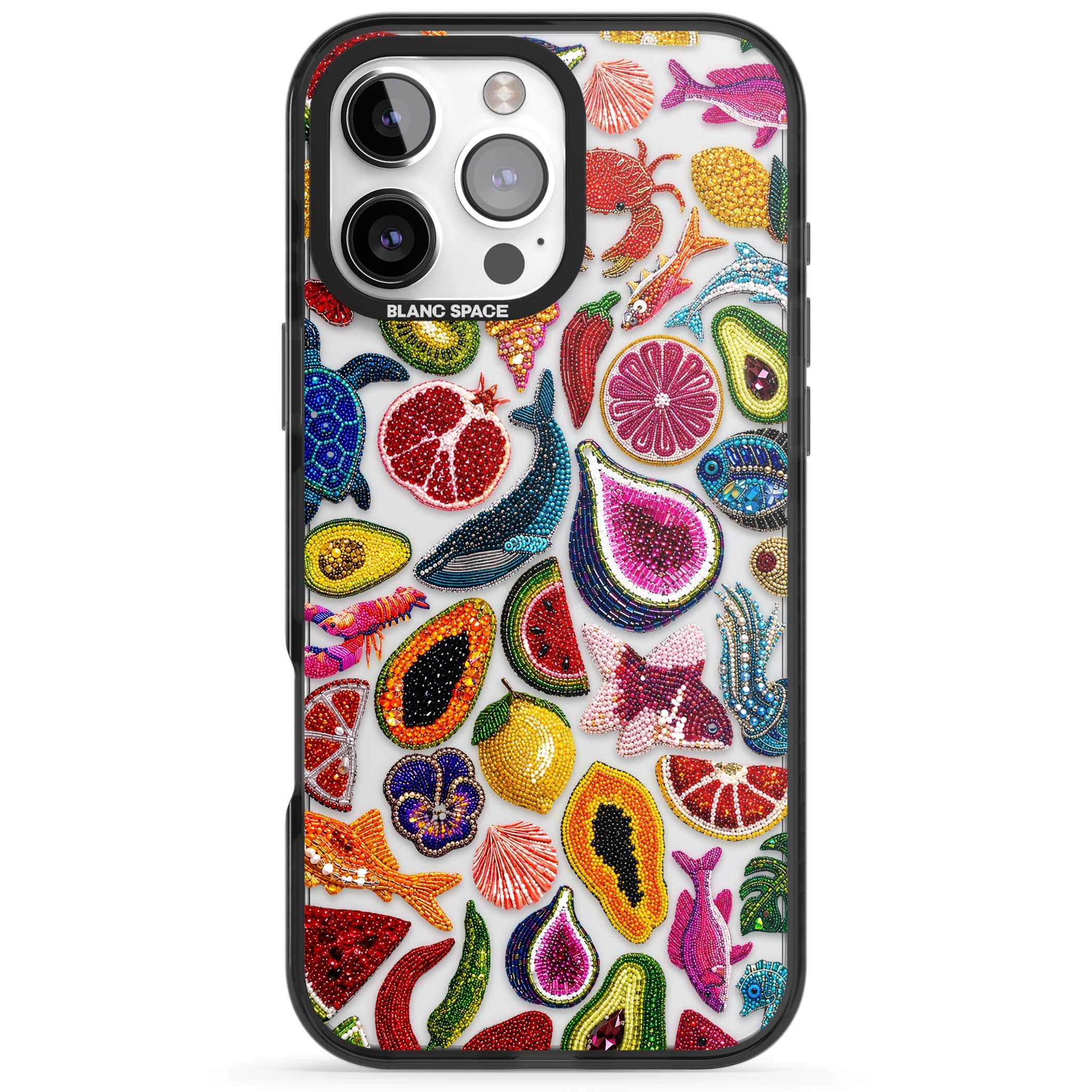 Beaded Tropic tropical iPhone case featuring beaded fruit, fish, crabs and seashells in vibrant colour | Black Impact case for iPhone 16 Pro, iPhone 16 Pro Max
