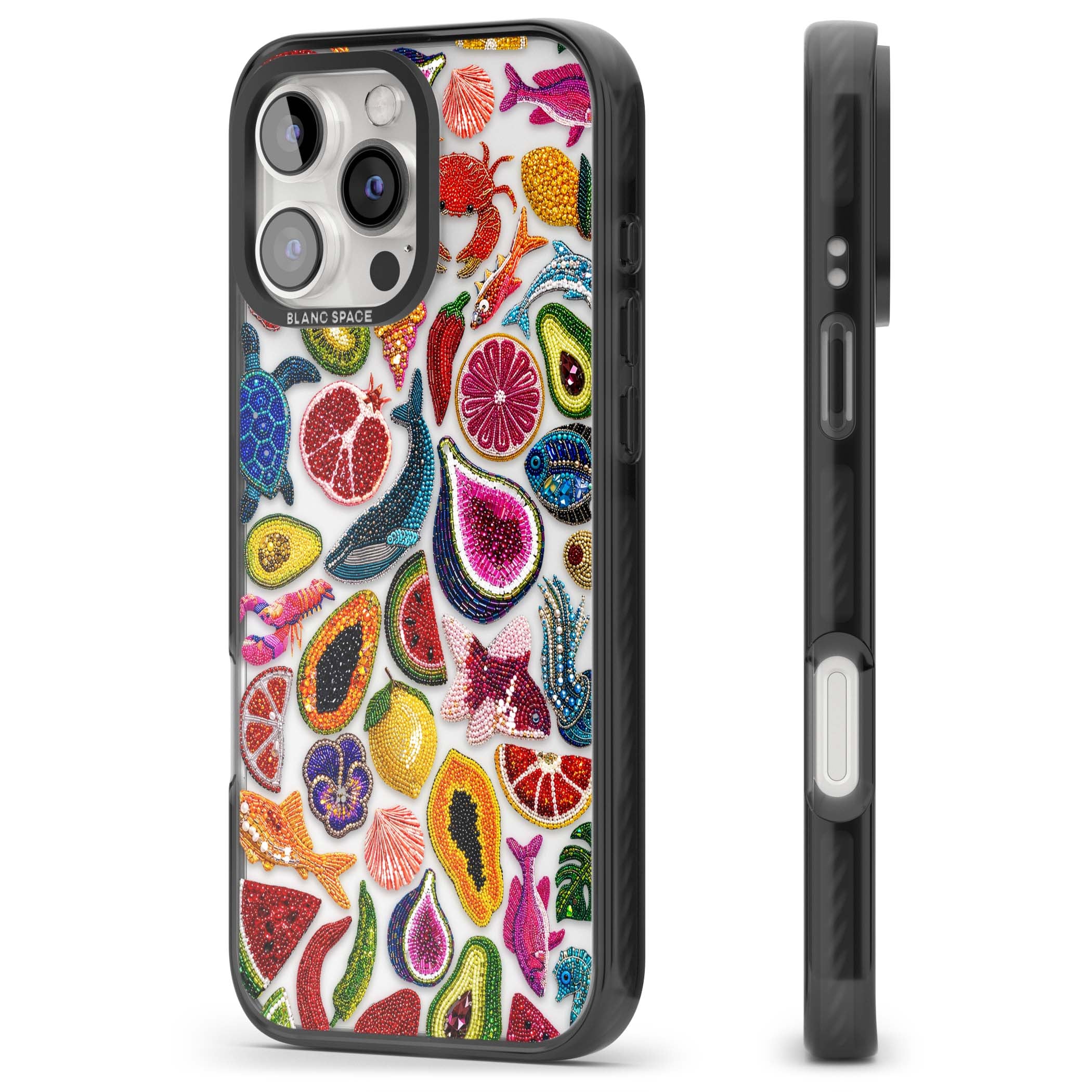 Beaded Tropic tropical iPhone case featuring beaded fruit, fish, crabs and seashells in vibrant colour | Black Impact case for iPhone 16 Pro, iPhone 16 Pro Max