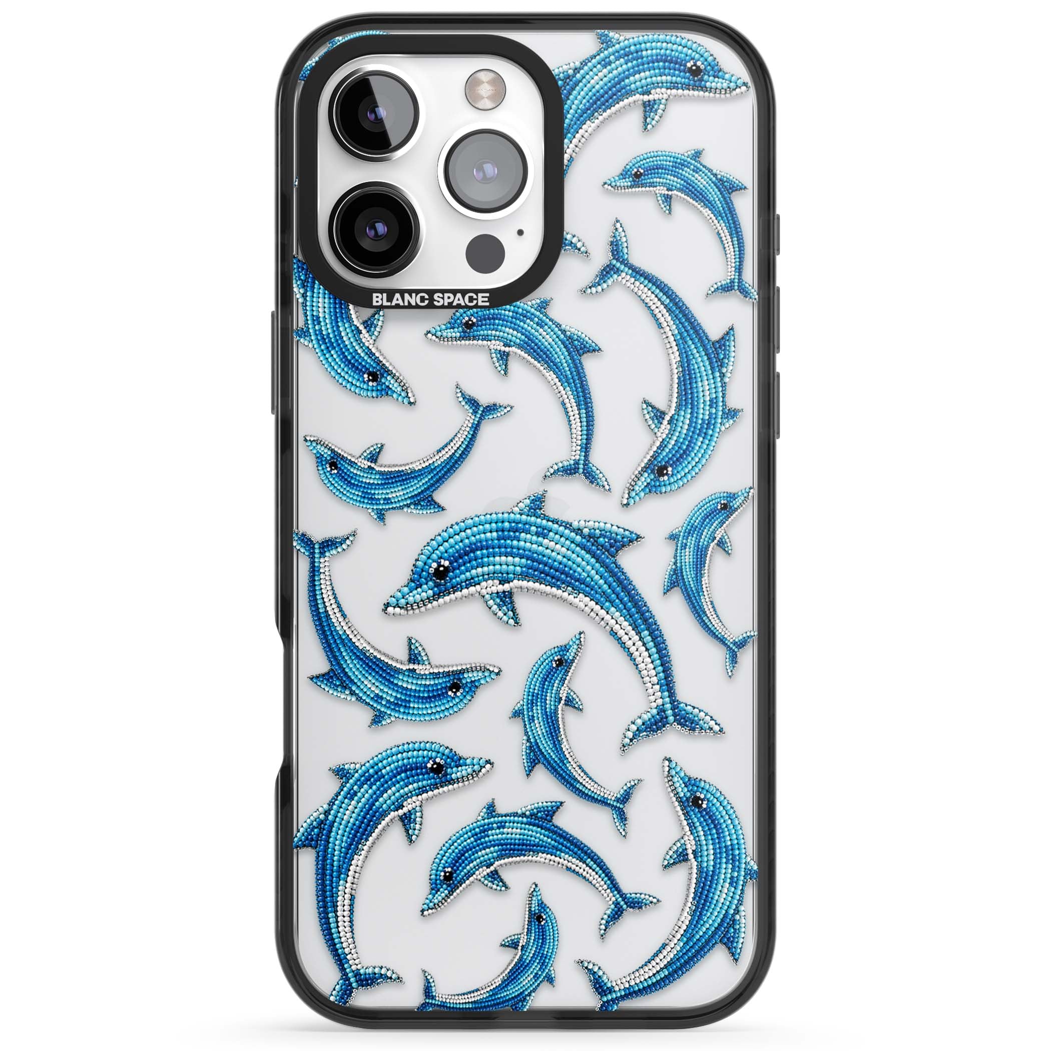 Beaded Dolphins coastal iPhone case featuring beaded dolphins in blue and white swimming across a clear background | Black Impact case for iPhone 16 Pro, iPhone 16 Pro Max