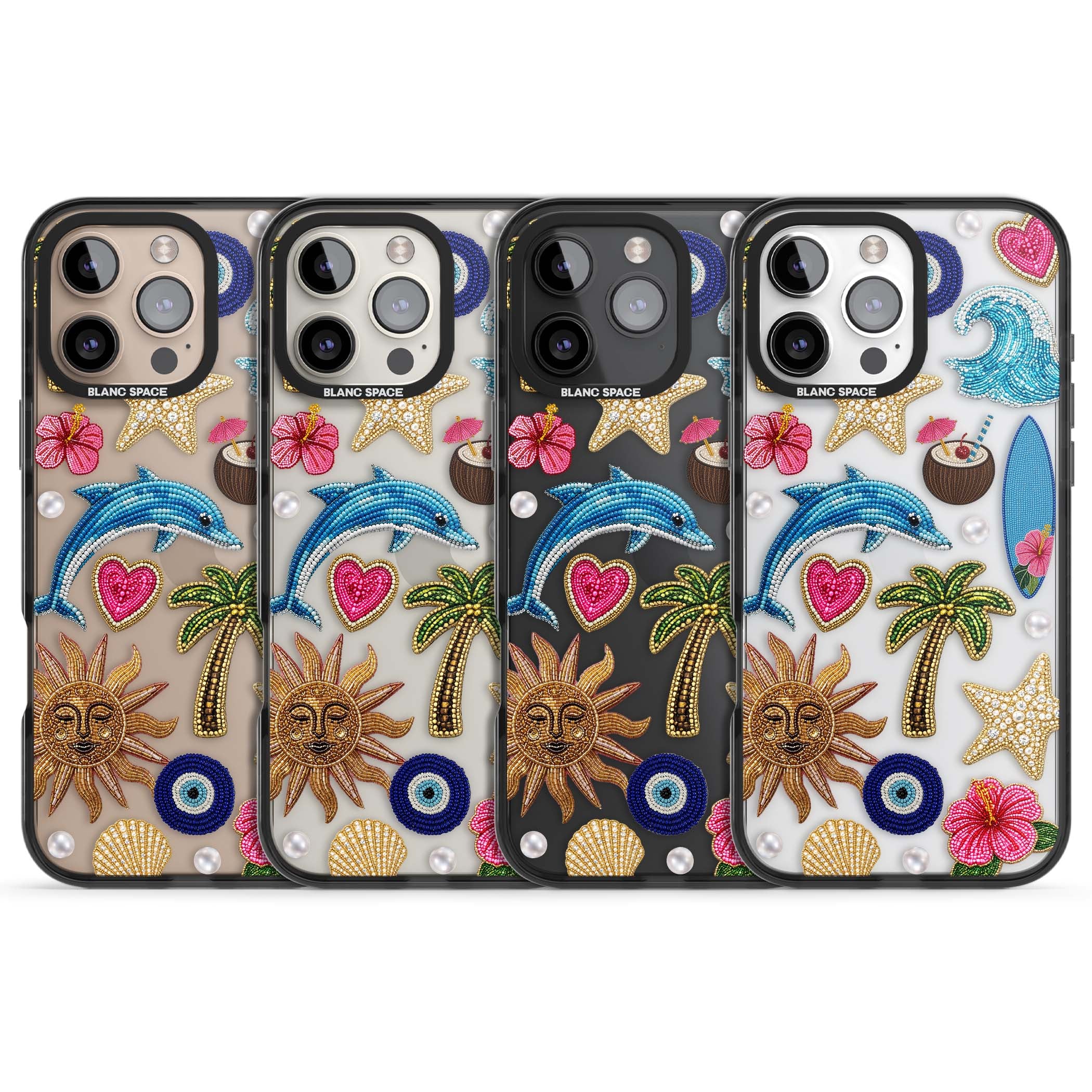 Beaded Beach coastal summer iPhone case featuring embroidered evil eye, hibiscus flowers, dolphin and palm tree patches | Black Impact case for iPhone 16 Pro, iPhone 16 Pro Max