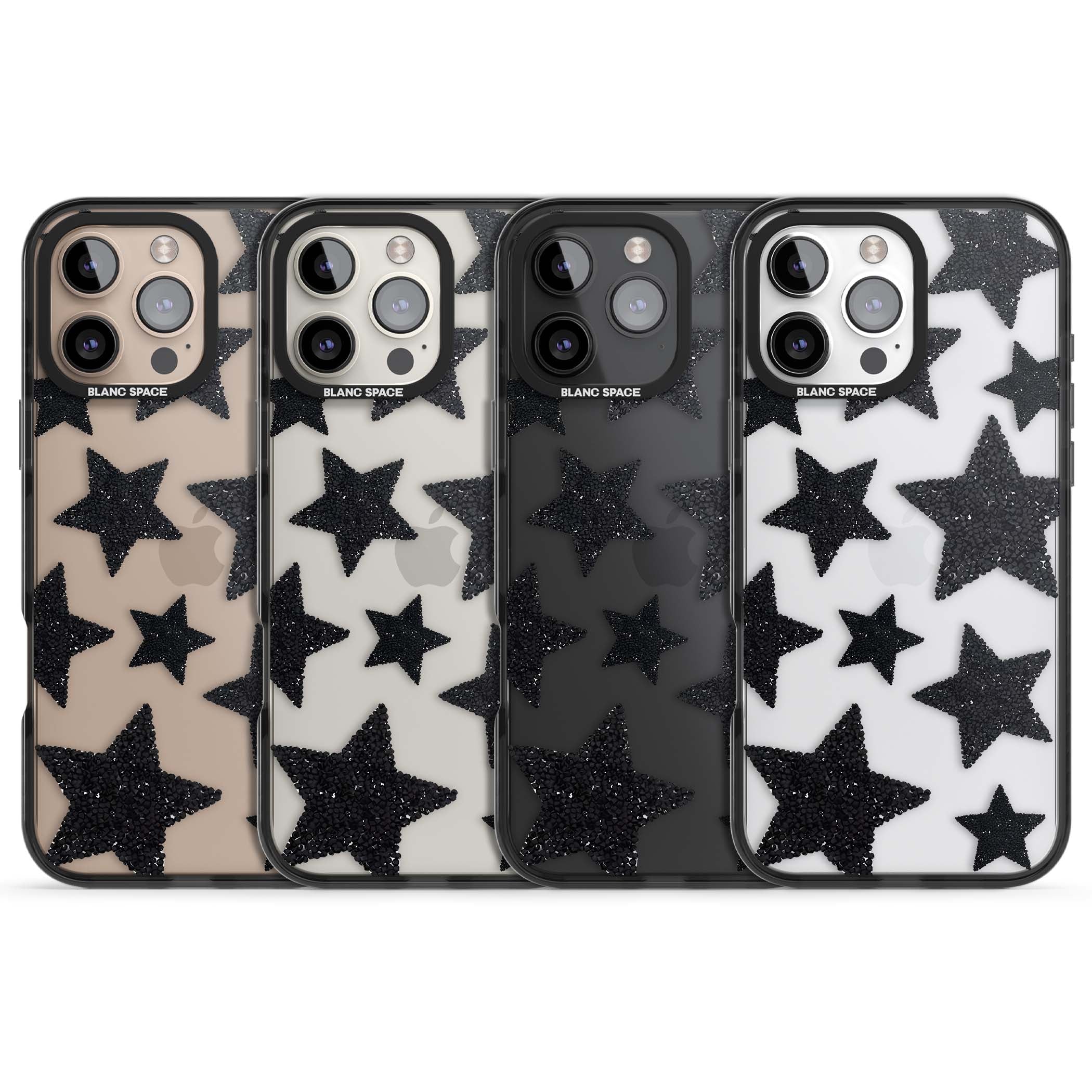 Beaded Black Stars celestial iPhone case featuring black glitter beaded stars scattered on a clear background | Black Impact case for iPhone 16 Pro, iPhone 16 Pro Max