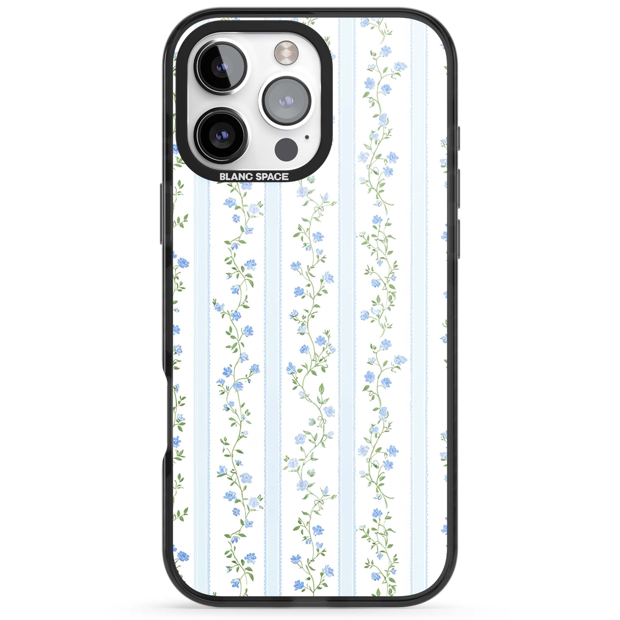 Bluebell Vine cottagecore iPhone case featuring climbing blue roses, trailing green vines, and pale ticking stripes | Black Impact case for iPhone 16 Pro, iPhone 16 Pro Max