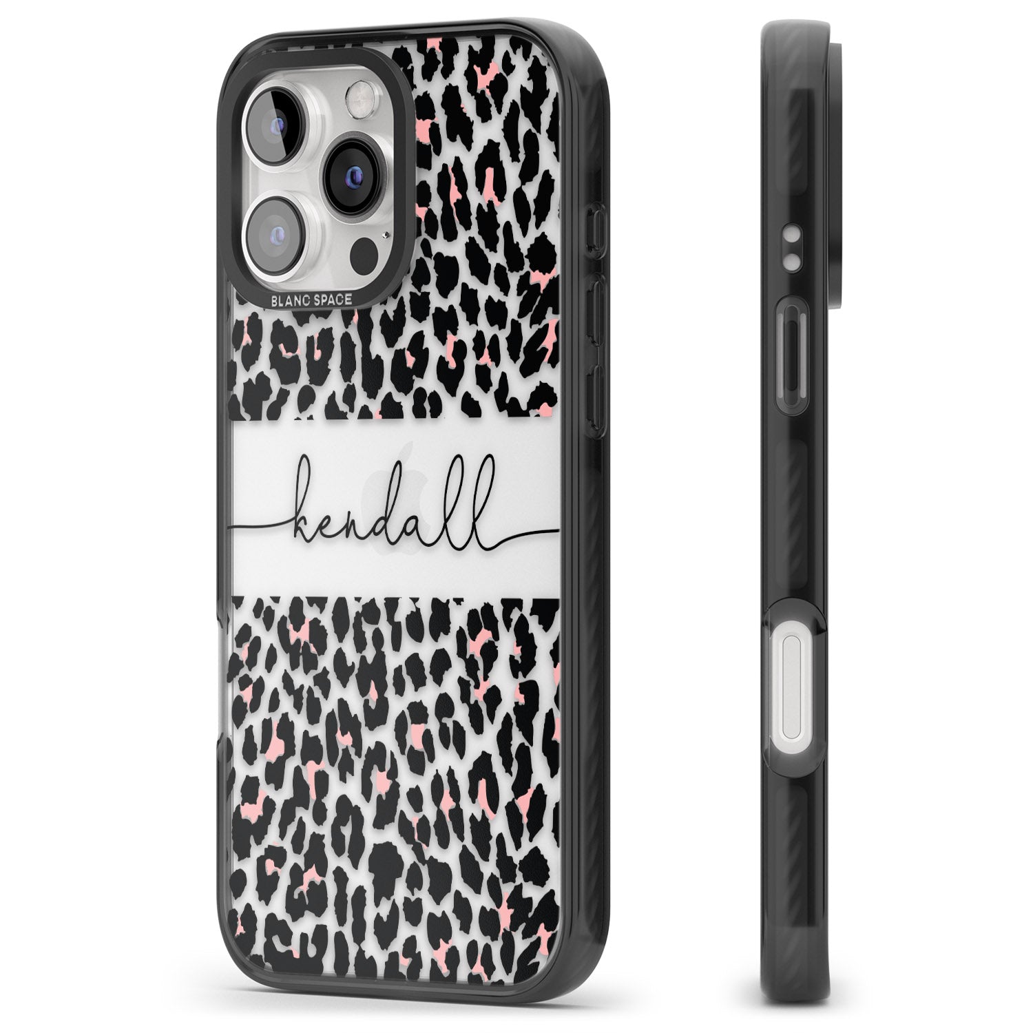 iPhone 16 Pro Max Personalised Pink & Cursive Leopard Spots Black Impact Phone Case