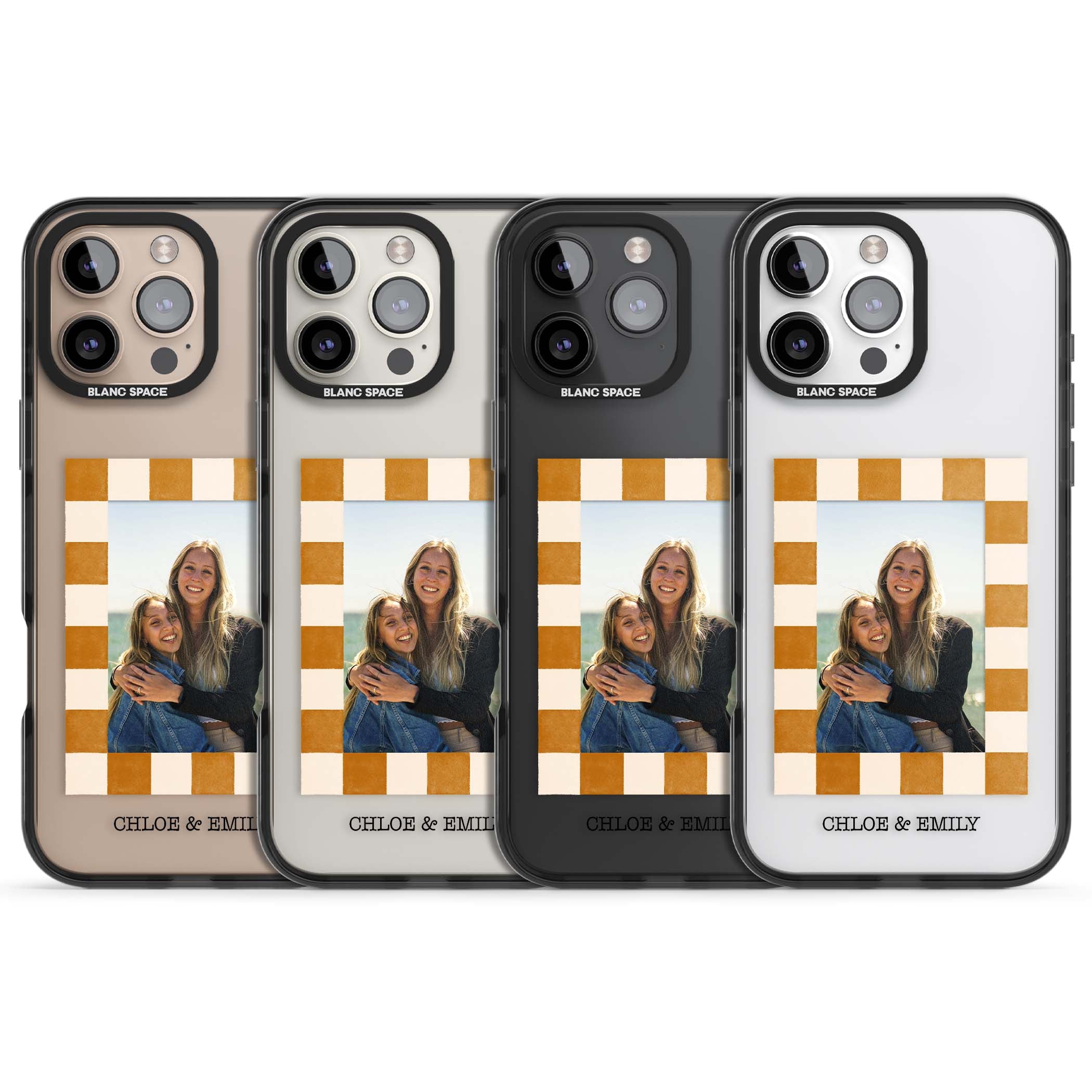 Citrus Check Photo personalised iPhone case with custom photo, orange checkered frame and names underneath | Black Impact case for iPhone 16 Pro, iPhone 16 Pro Max