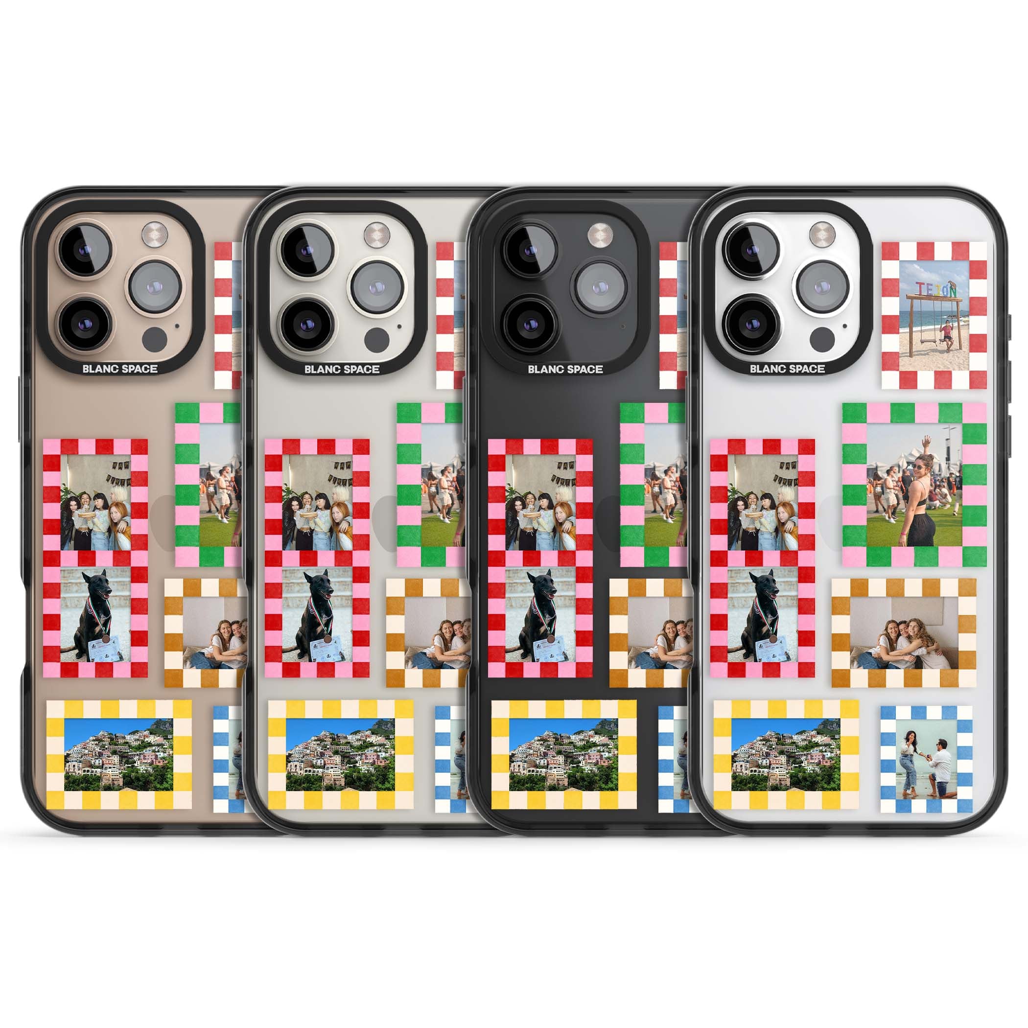 Italian Check Frames custom photo collage iPhone case featuring six checkered photo frames in red, green, pink and | Black Impact case for iPhone 16 Pro, iPhone 16 Pro Max