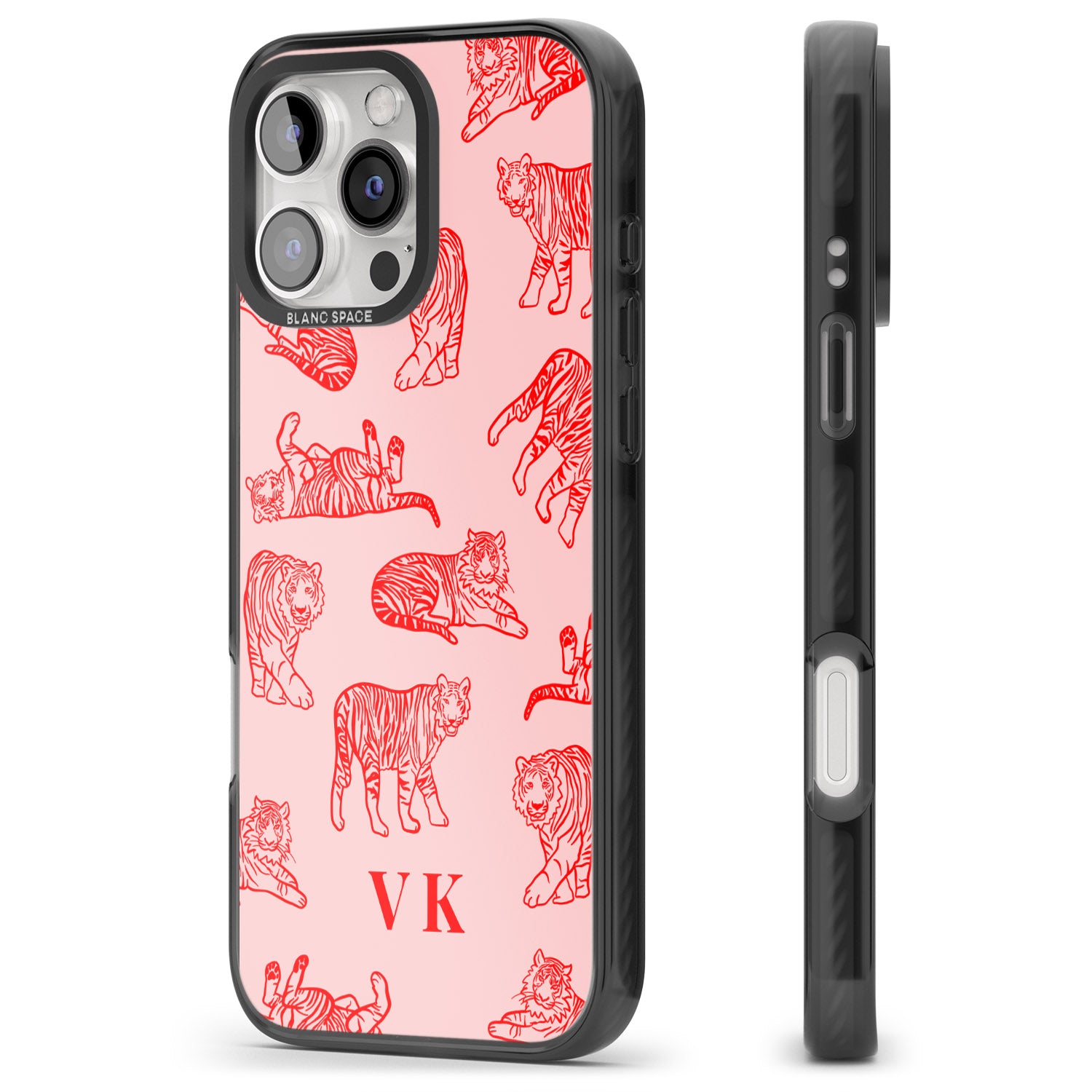 iPhone 16 Pro Max Personalised Red Tiger Outlines on Pink Black Impact Phone Case