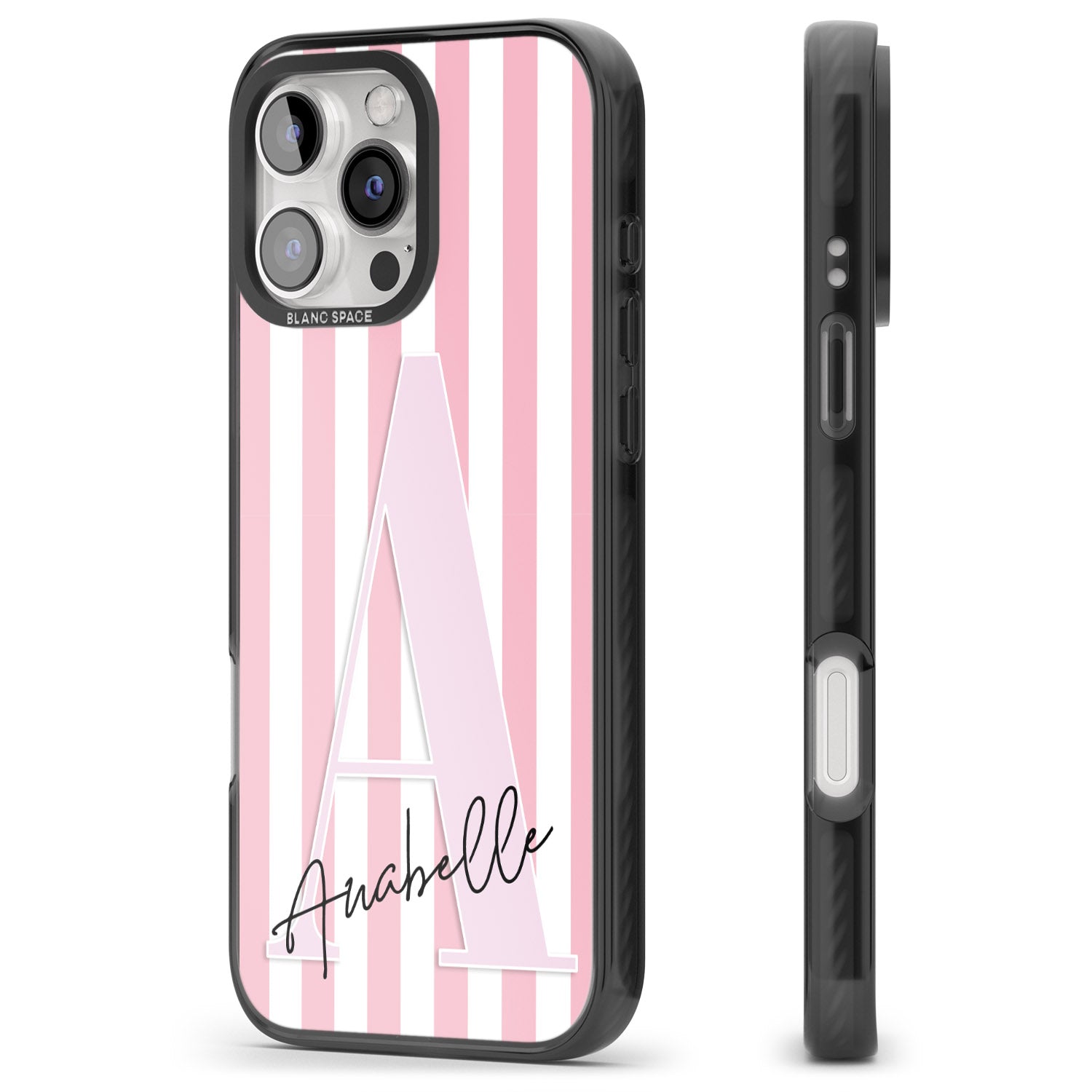 iPhone 16 Pro Max Personalised Pink Stripes & Large Monogram Black Impact Phone Case