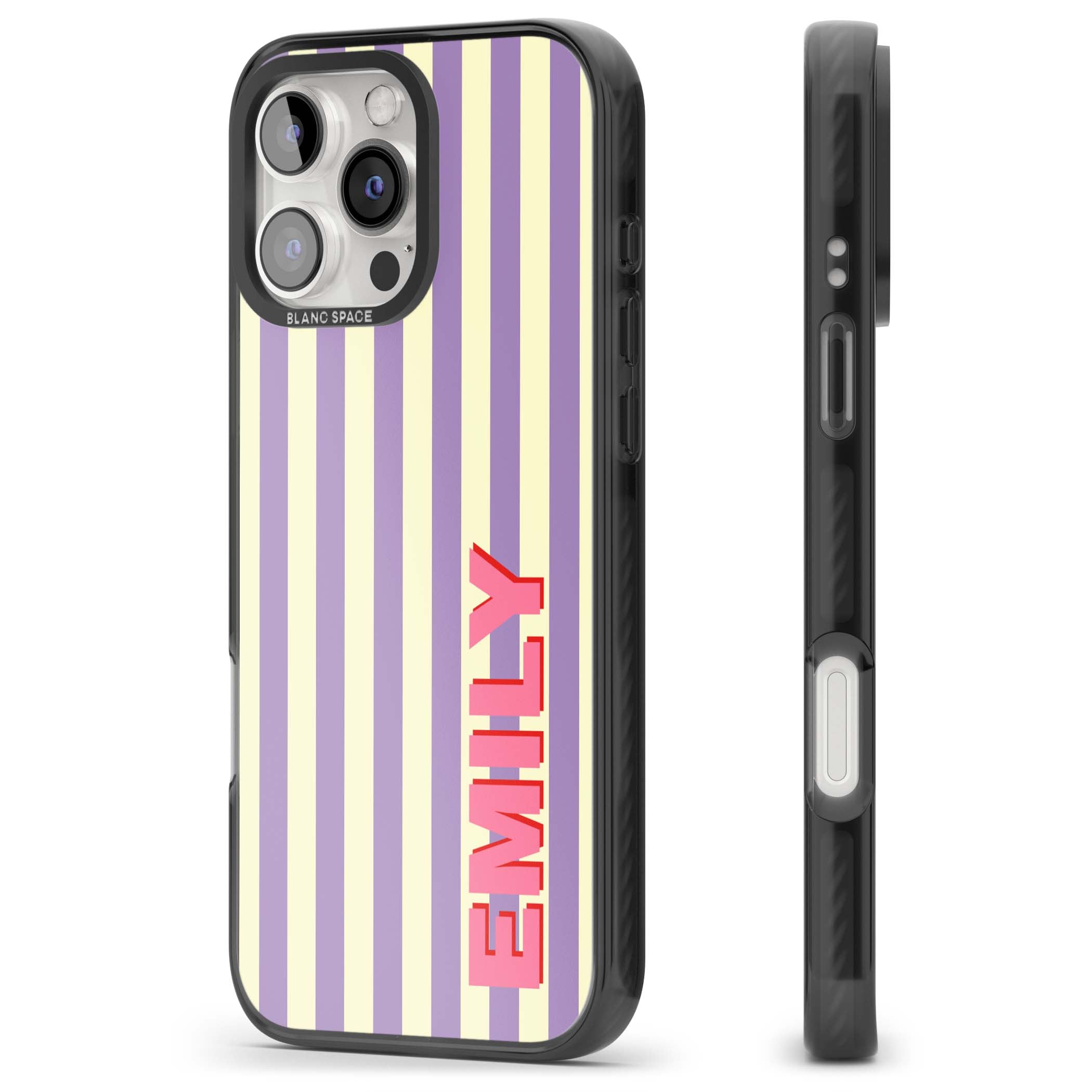 Valensole Stripe personalised iPhone case with purple and cream vertical stripes and pink custom name | Black Impact case for iPhone 16 Pro, iPhone 16 Pro Max