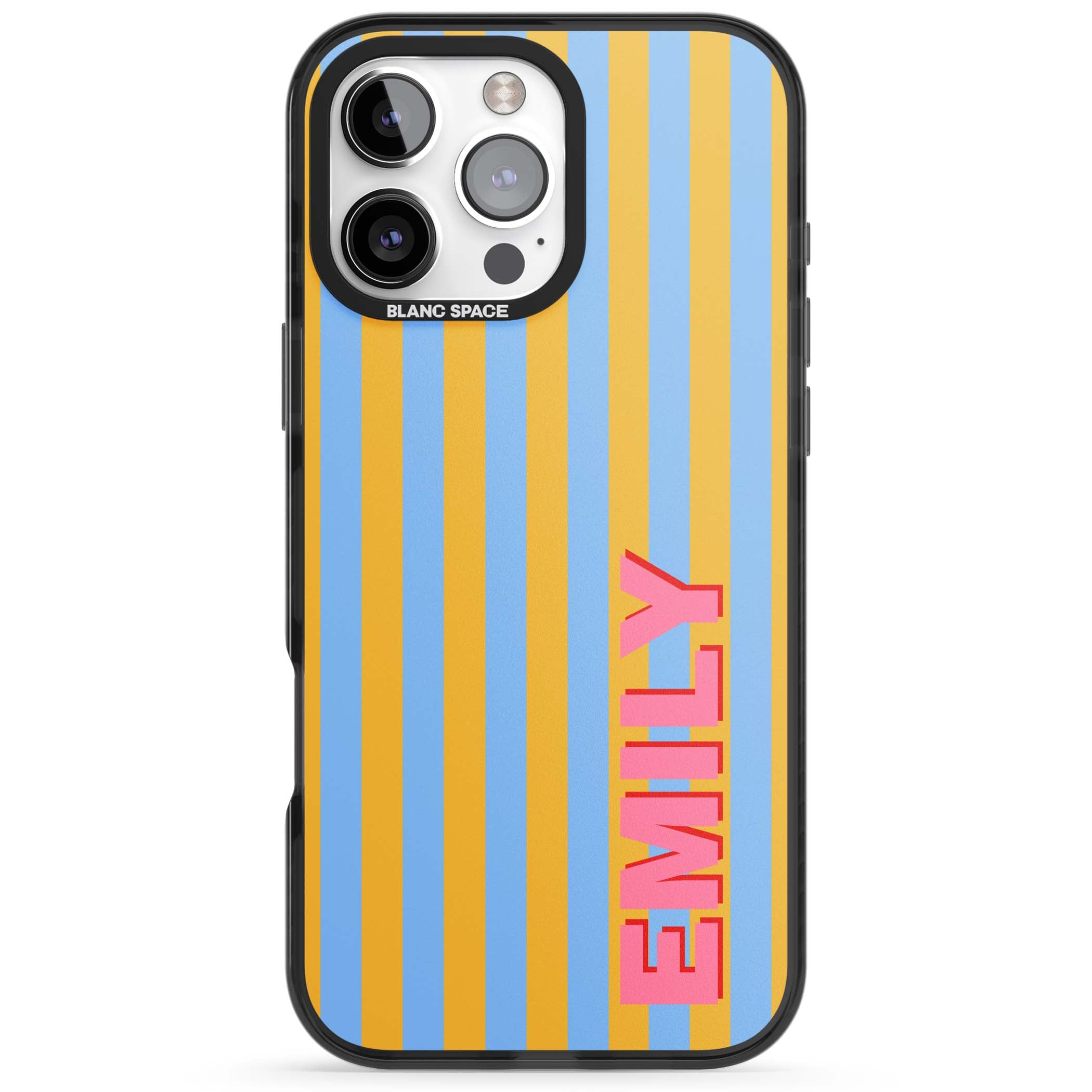 Carribean Stripe personalised coastal iPhone case with yellow and blue vertical stripes and a custom pink name | Black Impact case for iPhone 16 Pro, iPhone 16 Pro Max