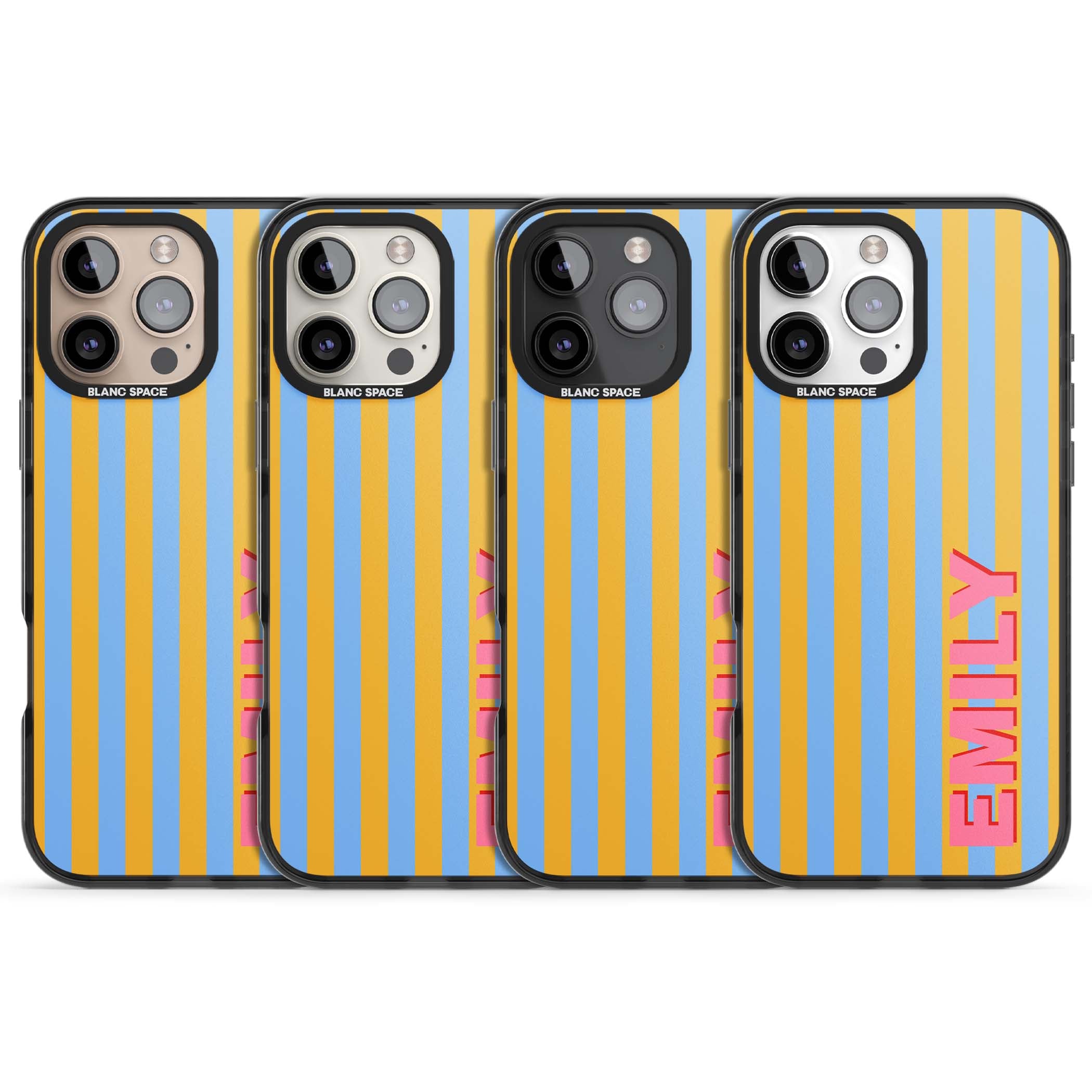 Carribean Stripe personalised coastal iPhone case with yellow and blue vertical stripes and a custom pink name | Black Impact case for iPhone 16 Pro, iPhone 16 Pro Max