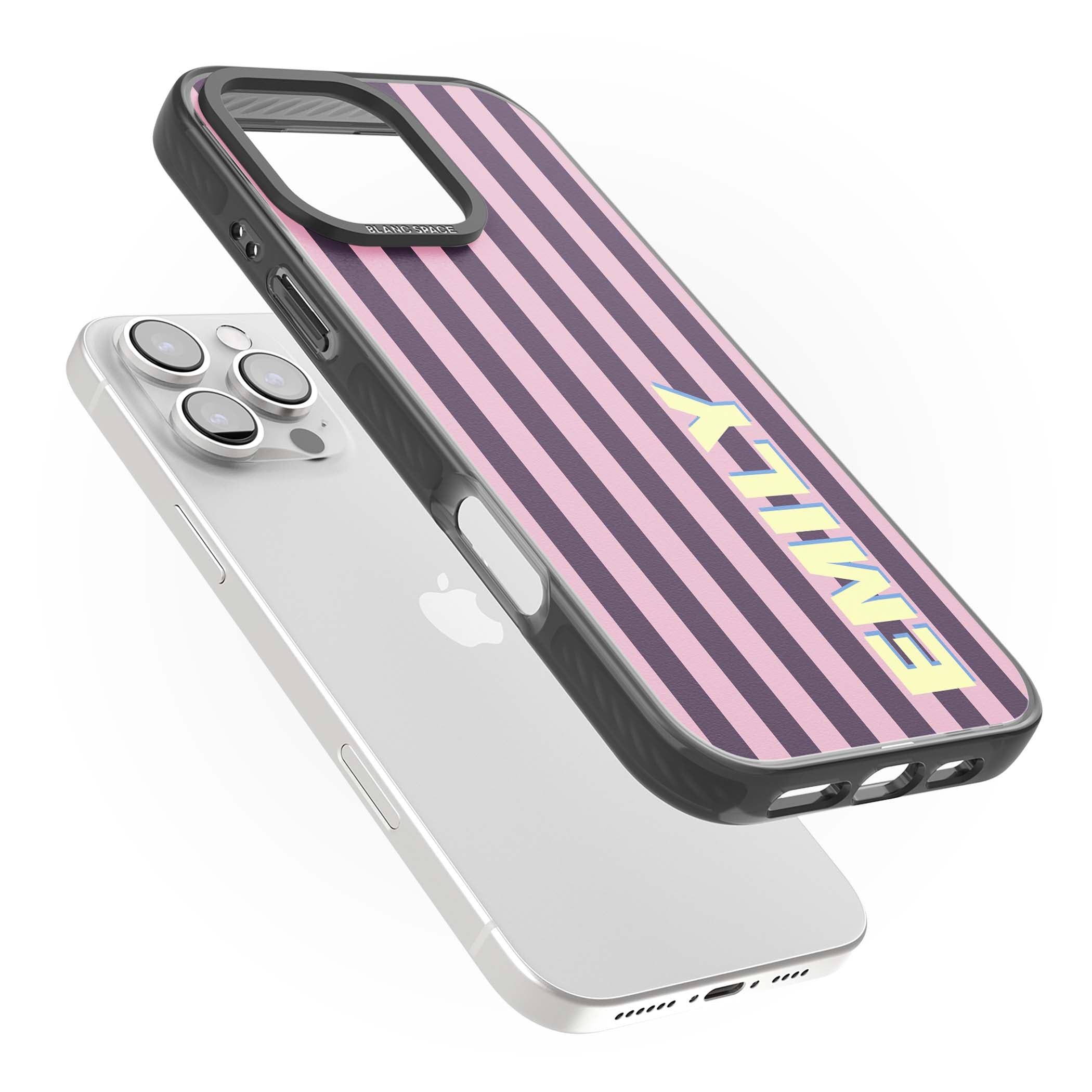 Tyre Stripe personalised stripe iPhone case with plum and pink vertical stripes and custom yellow name | Black Impact case for iPhone 16 Pro, iPhone 16 Pro Max