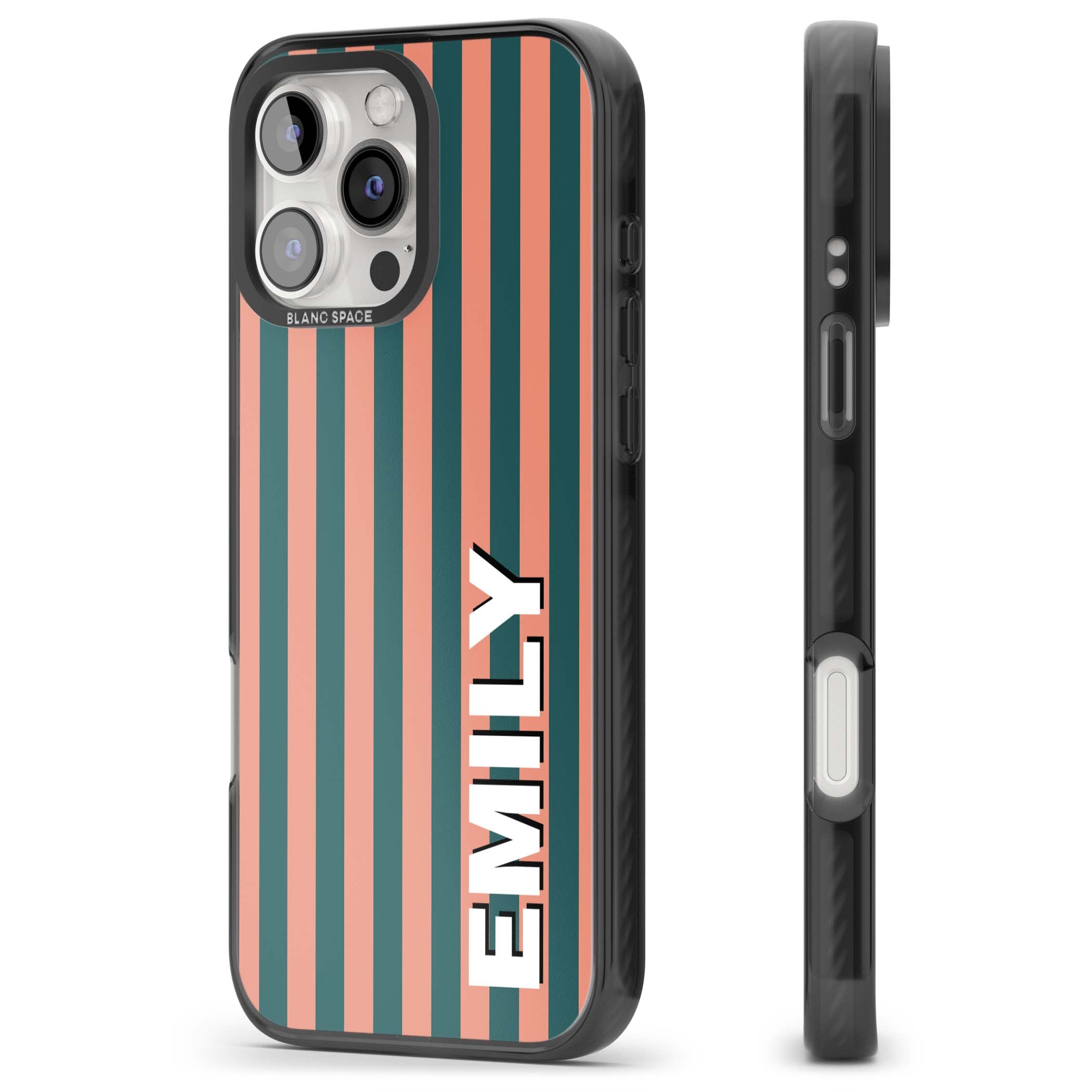 Tuscan Stripe personalised iPhone case featuring coral and green vertical stripes with bold custom name | Black Impact case for iPhone 16 Pro, iPhone 16 Pro Max