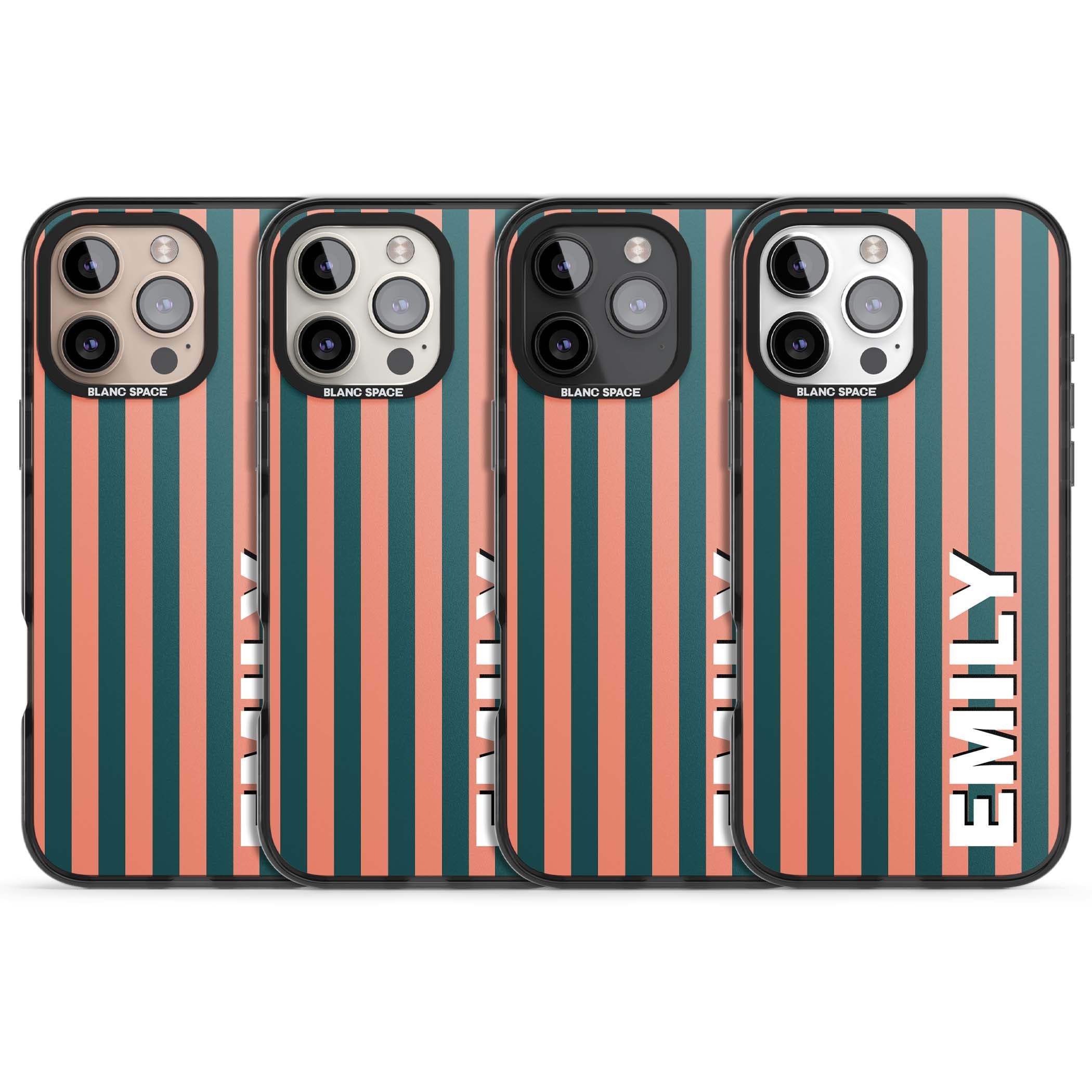 Tuscan Stripe personalised iPhone case featuring coral and green vertical stripes with bold custom name | Black Impact case for iPhone 16 Pro, iPhone 16 Pro Max