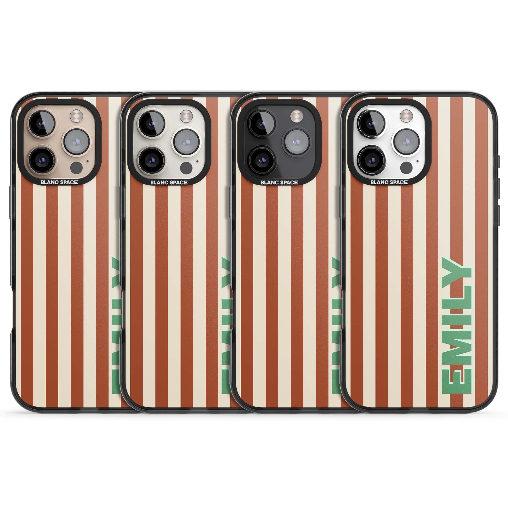 Dune Stripe personalised iPhone case with rust and cream vertical stripes and custom name in mint green | Black Impact case for iPhone 16 Pro, iPhone 16 Pro Max