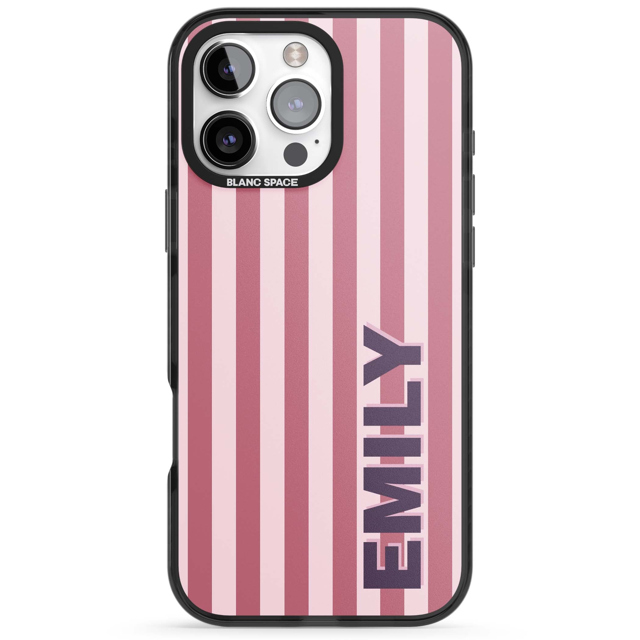 Victoria Stripe personalised iPhone case featuring pink vertical stripes and custom name in bold plum lettering | Black Impact case for iPhone 16 Pro, iPhone 16 Pro Max