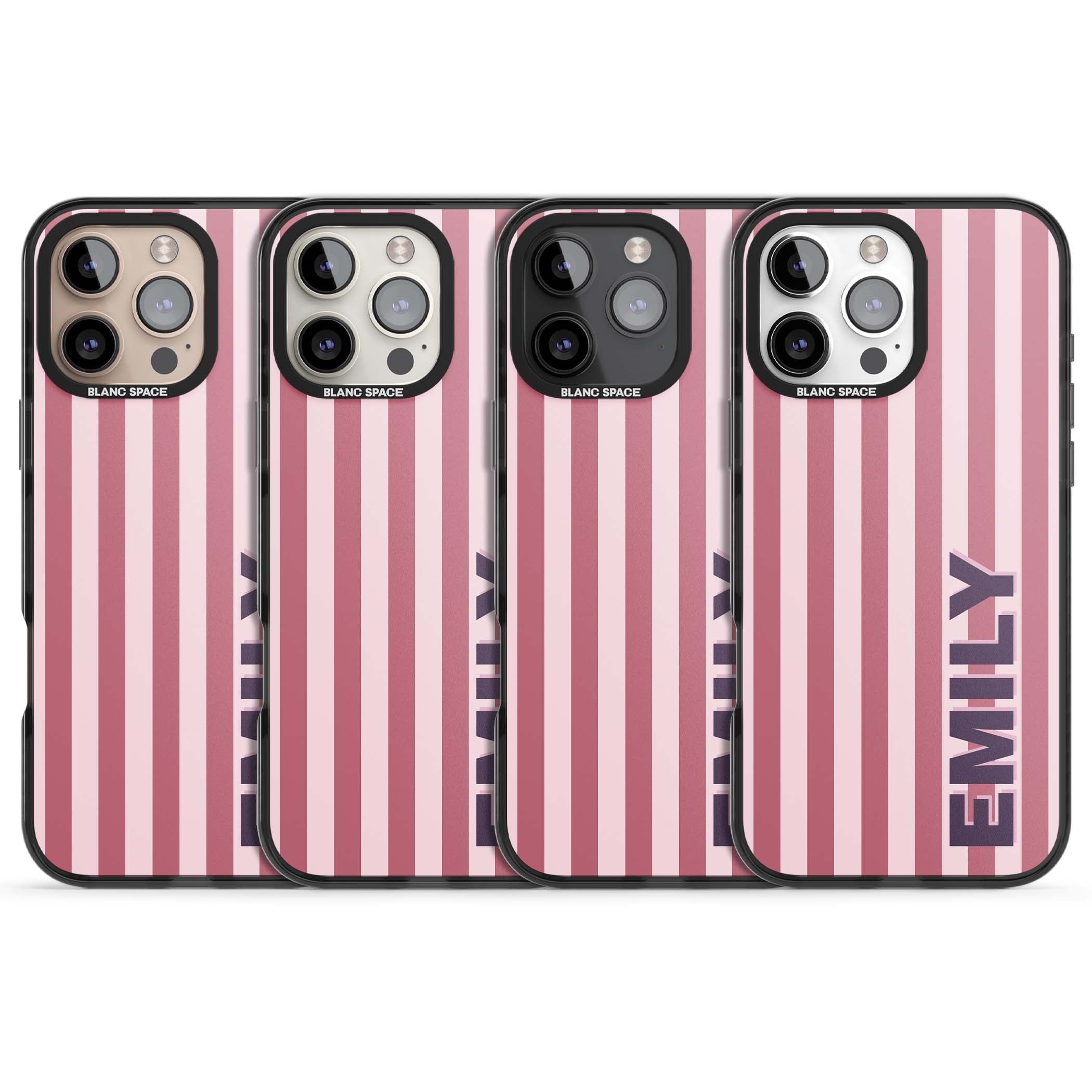 Victoria Stripe personalised iPhone case featuring pink vertical stripes and custom name in bold plum lettering | Black Impact case for iPhone 16 Pro, iPhone 16 Pro Max