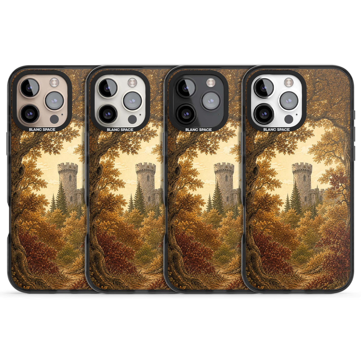 Autumn Keep cottagecore iPhone case featuring a medieval castle tower framed by golden autumn trees and woodland foliage | Black Impact case for iPhone 16 Pro, iPhone 16 Pro Max