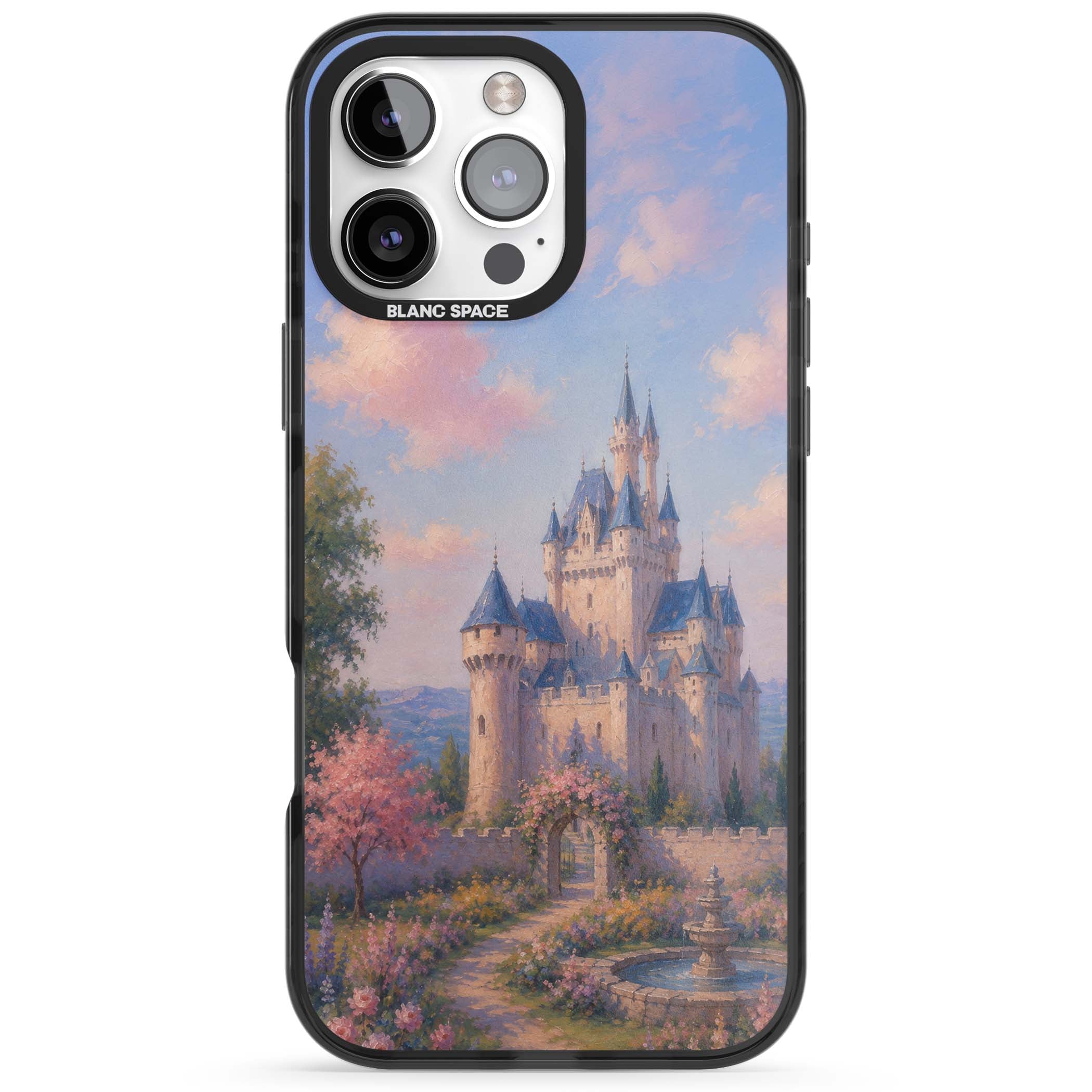 Enchanted Kingdom fairytale iPhone case featuring a romantic castle painting with cherry blossoms and pastel pink sky | Black Impact case for iPhone 16 Pro, iPhone 16 Pro Max