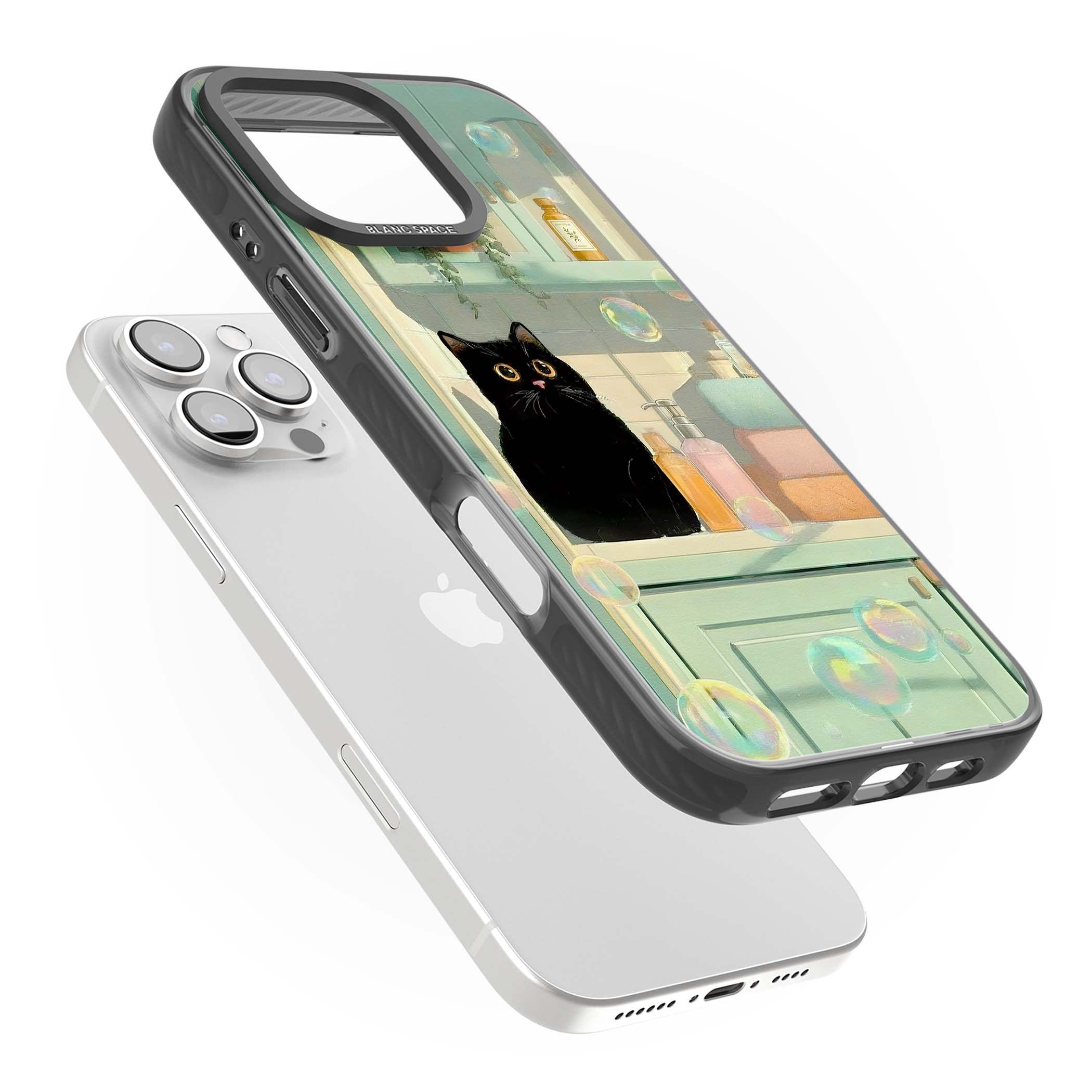 Bathroom Bubble Kitty cottagecore iPhone case featuring a black cat, mint bathroom scene and floating soap bubbles | Black Impact case for iPhone 16 Pro, iPhone 16 Pro Max