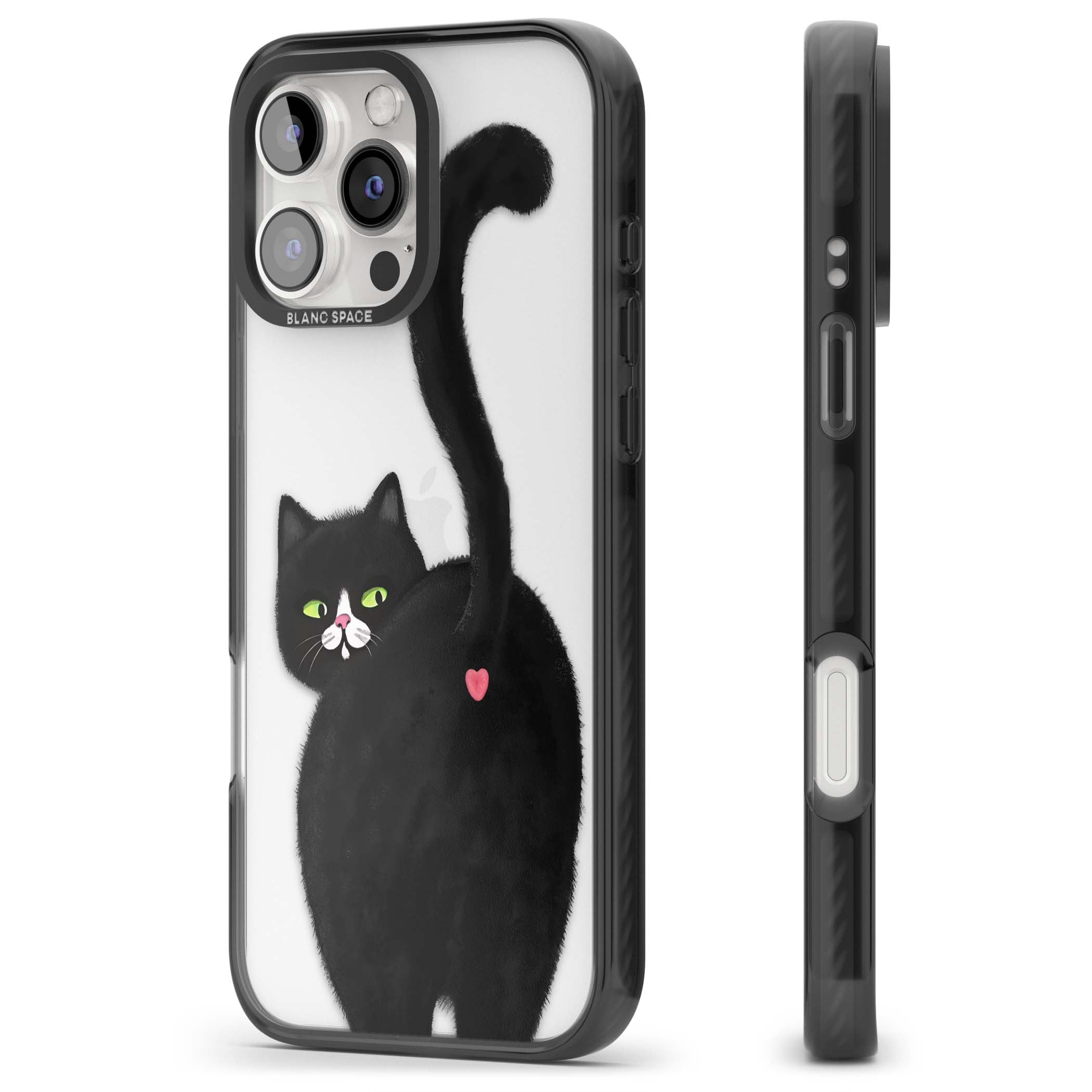 The Cat's Kiss cute cat iPhone case featuring a hand-painted tuxedo kitty with green eyes and a pink heart on a clear | Black Impact case for iPhone 16 Pro, iPhone 16 Pro Max