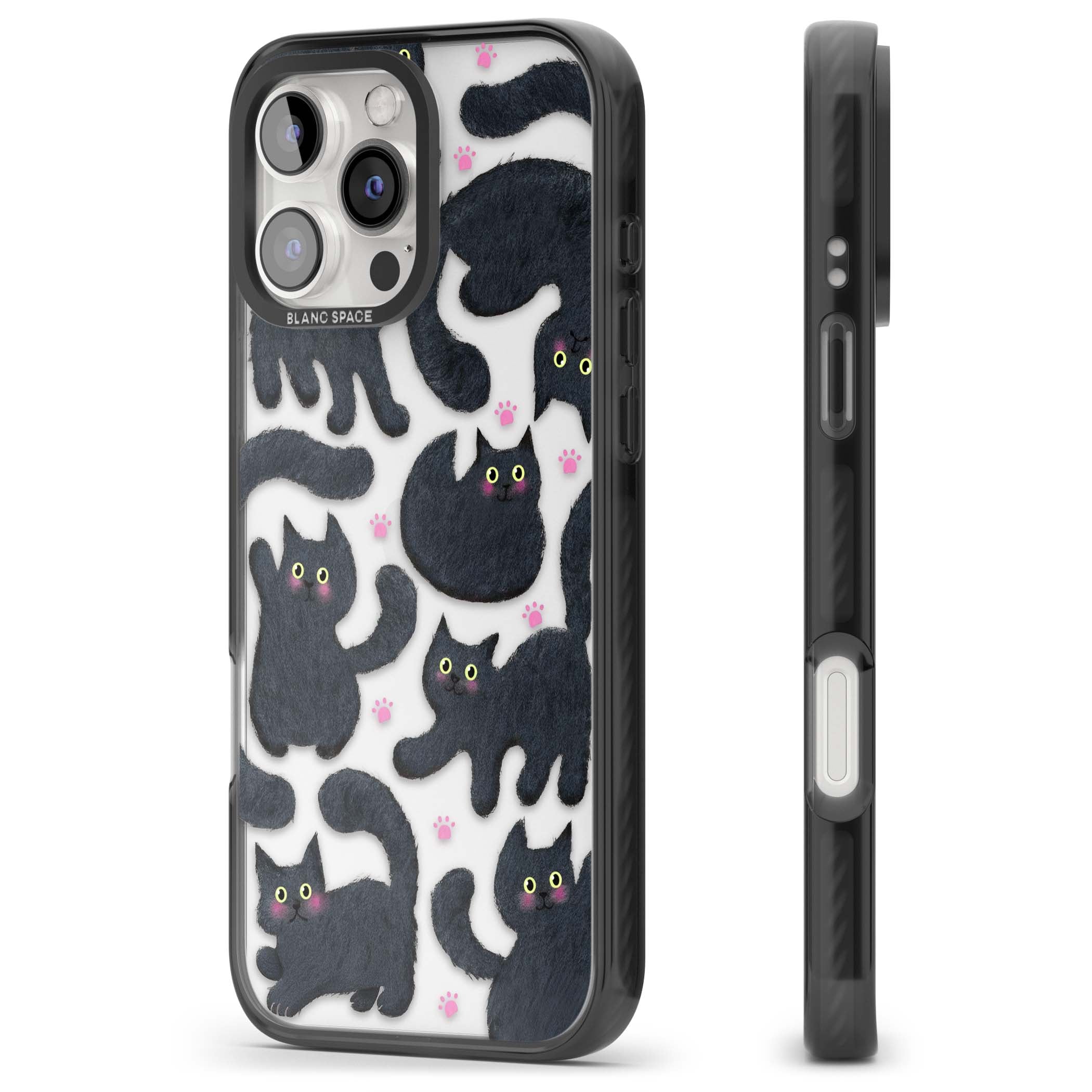 Midnight Cats cute iPhone case featuring black cat pattern with yellow eyes and pink paw prints | Black Impact case for iPhone 16 Pro, iPhone 16 Pro Max