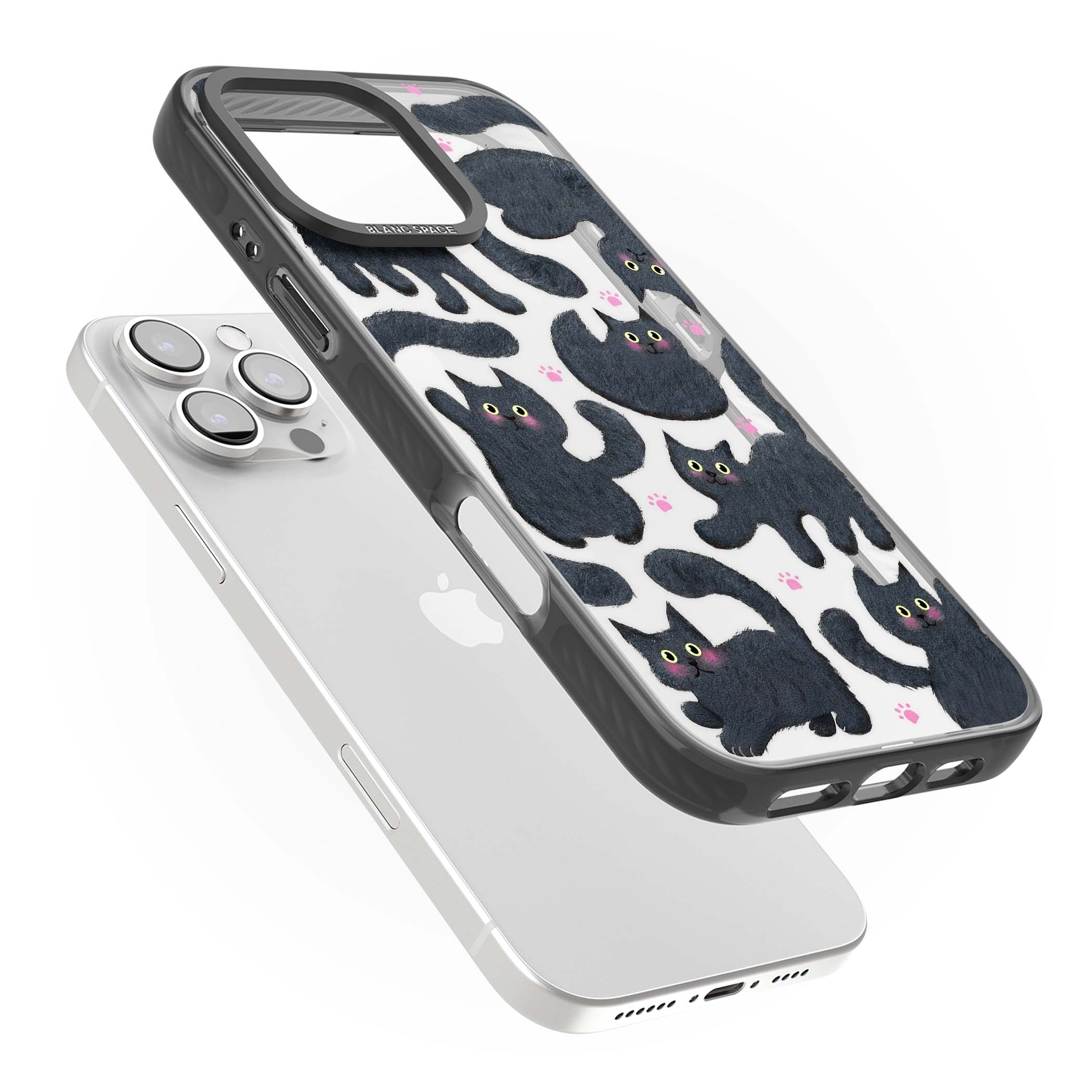 Midnight Cats cute iPhone case featuring black cat pattern with yellow eyes and pink paw prints | Black Impact case for iPhone 16 Pro, iPhone 16 Pro Max