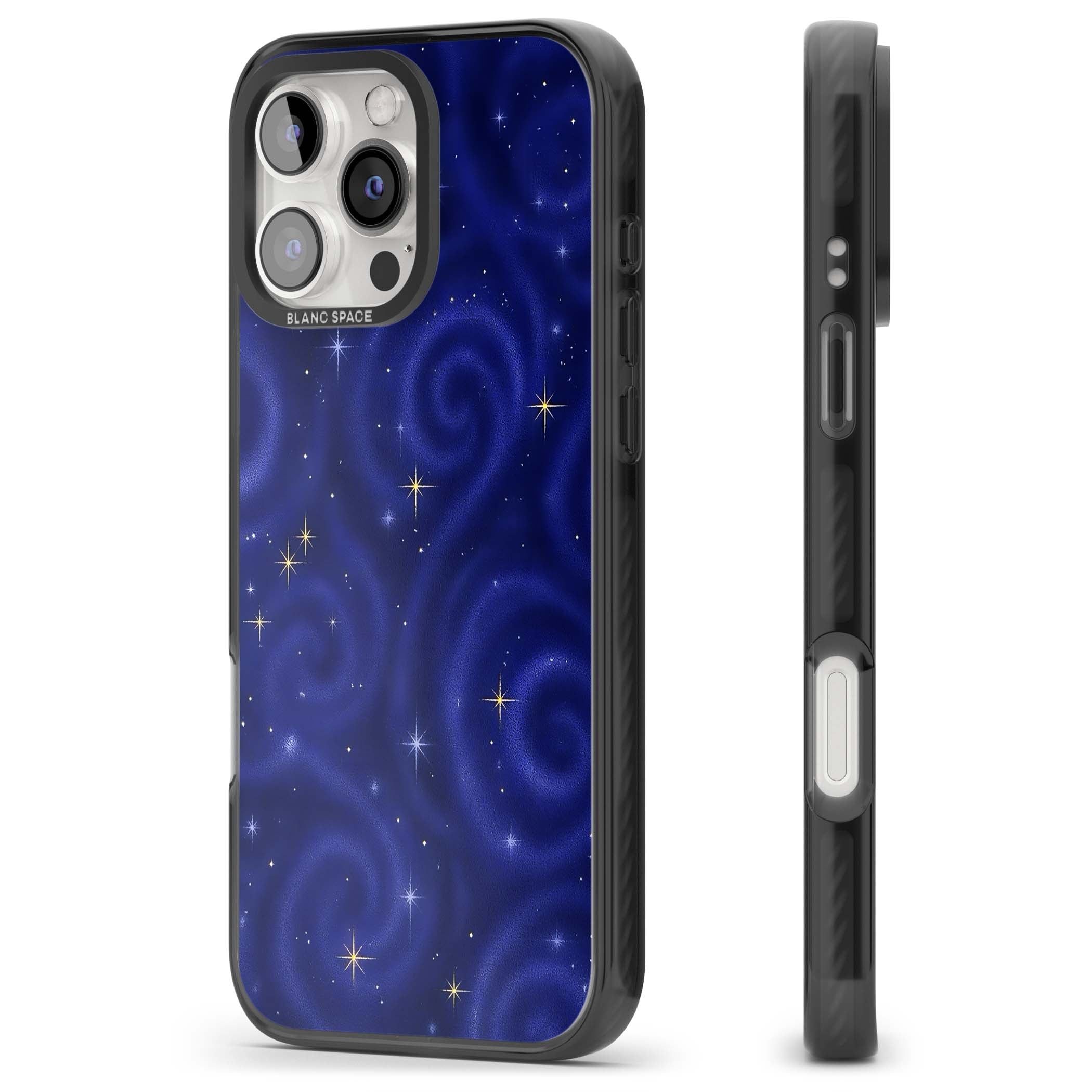 Indigo Cosmos celestial iPhone case featuring swirling navy night sky and sparkling golden stars | Black Impact case for iPhone 16 Pro, iPhone 16 Pro Max