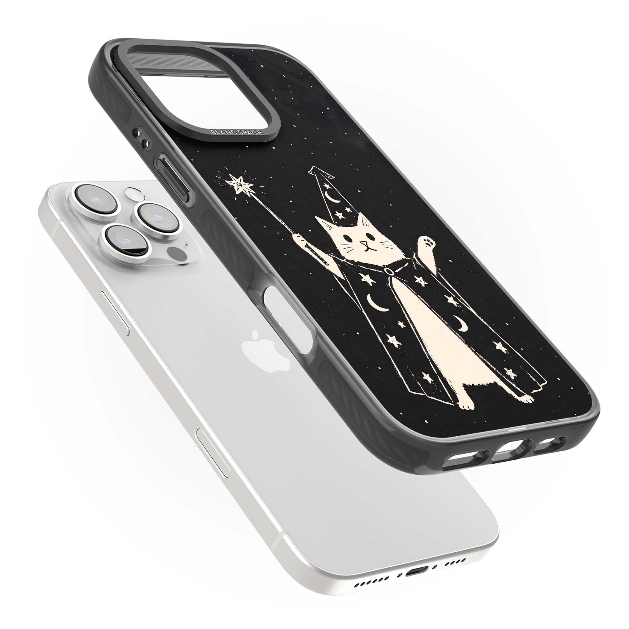 Whisker Wizard celestial cat iPhone case featuring a wizard cat with magic wand, starry night sky and crescent moons | Black Impact case for iPhone 16 Pro, iPhone 16 Pro Max